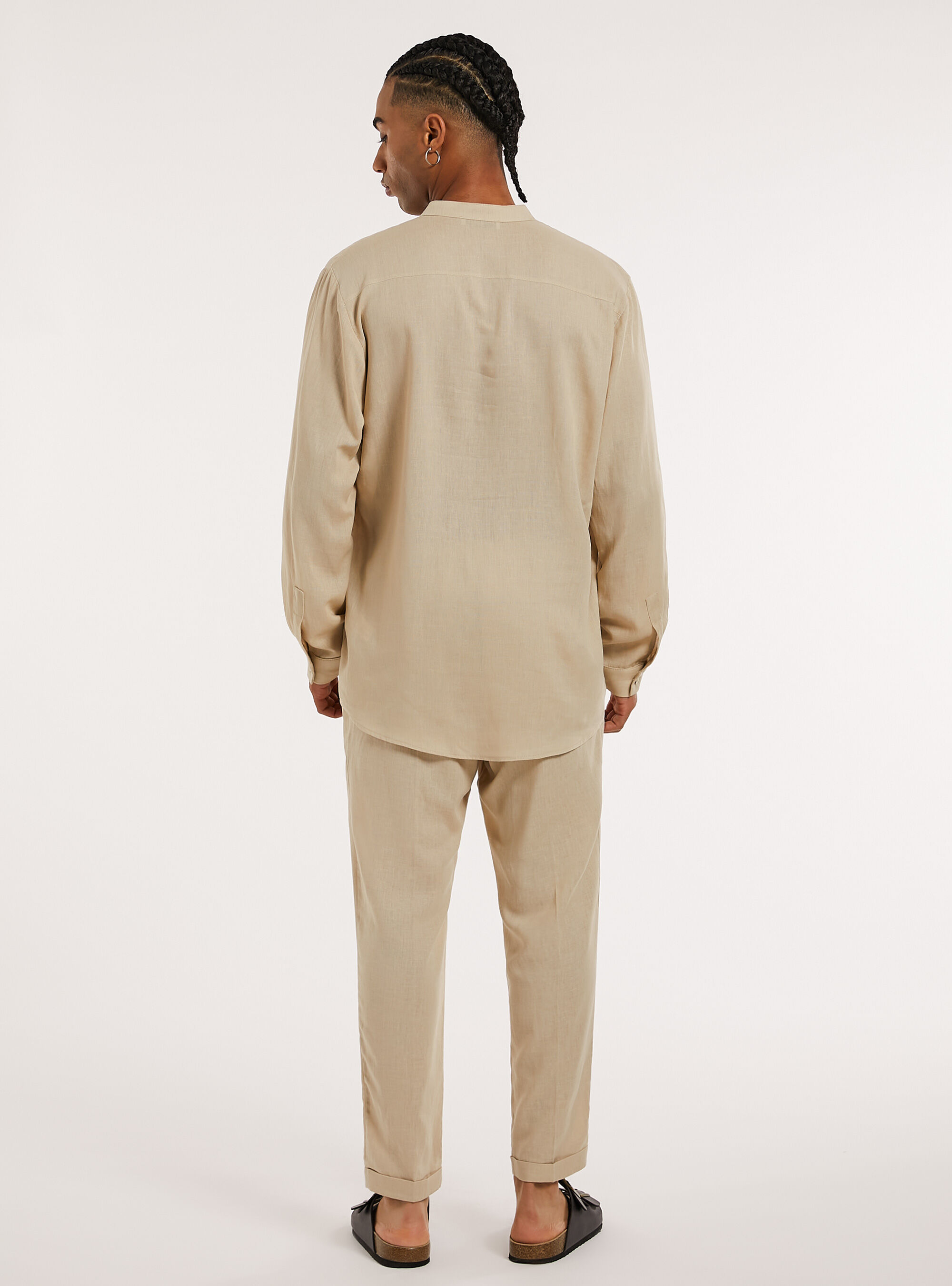 Linen blend shirt with Korean collar, BG2 BEIGE MEDIUM