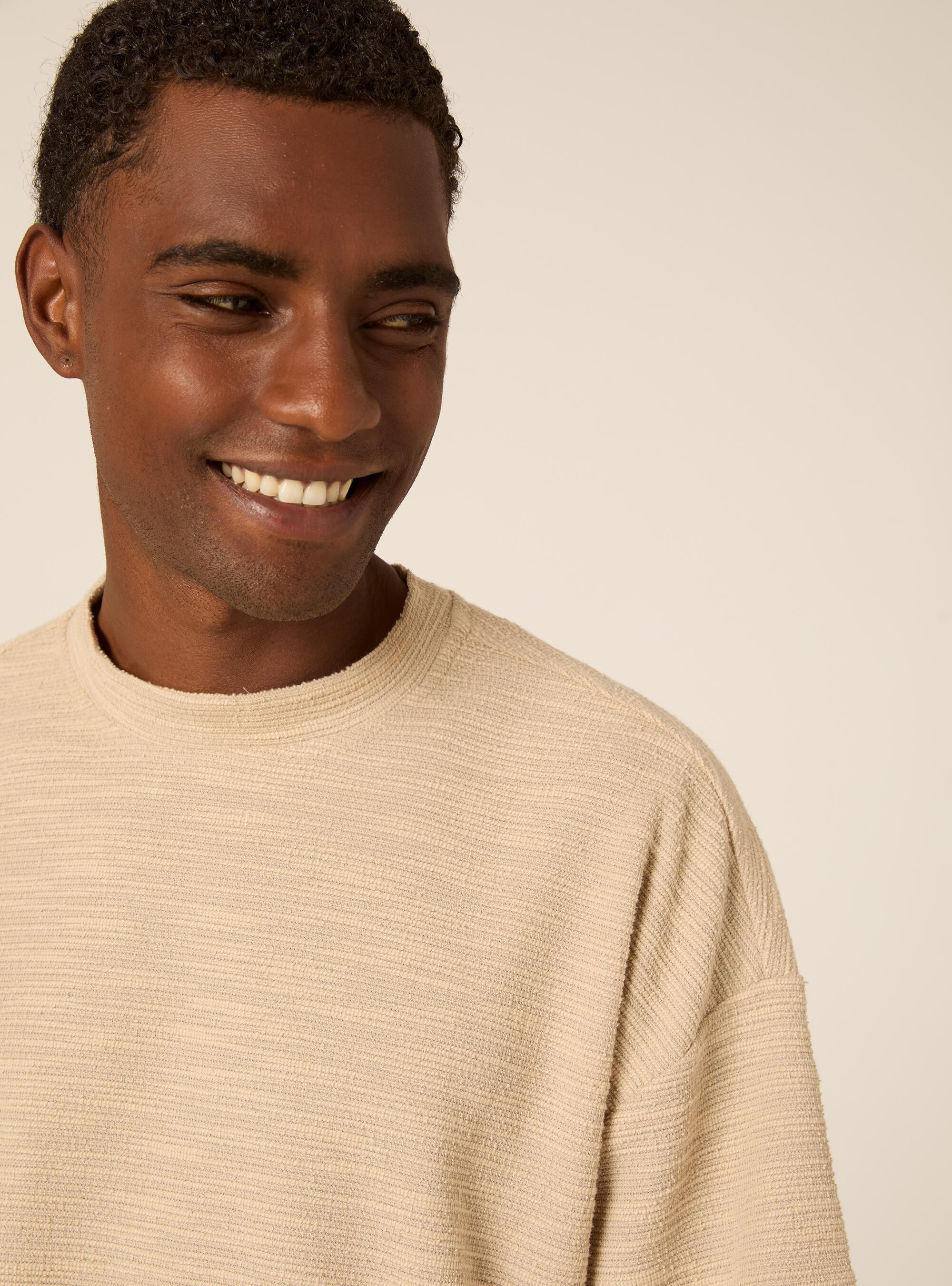 T-shirt in Misto Cotone con Texture, BEIGE MEDIO