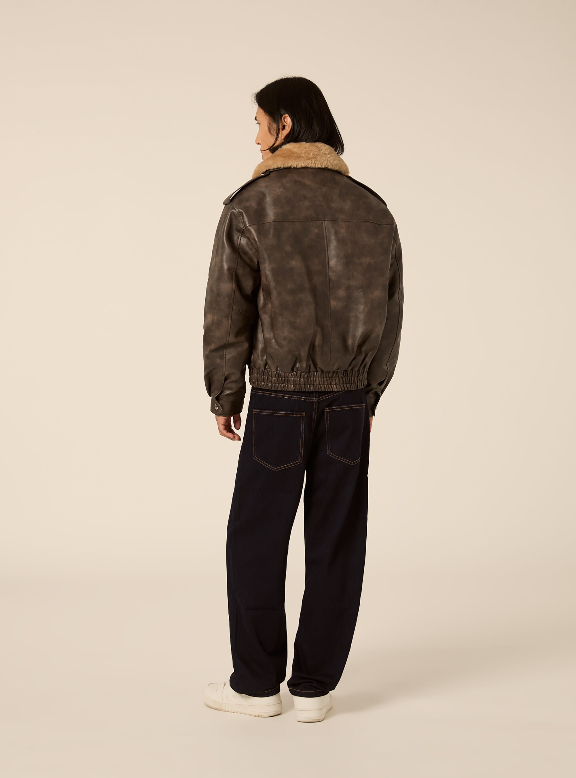 Bomber effetto pelle con collo in pelliccia, BR1 BROWN DARK