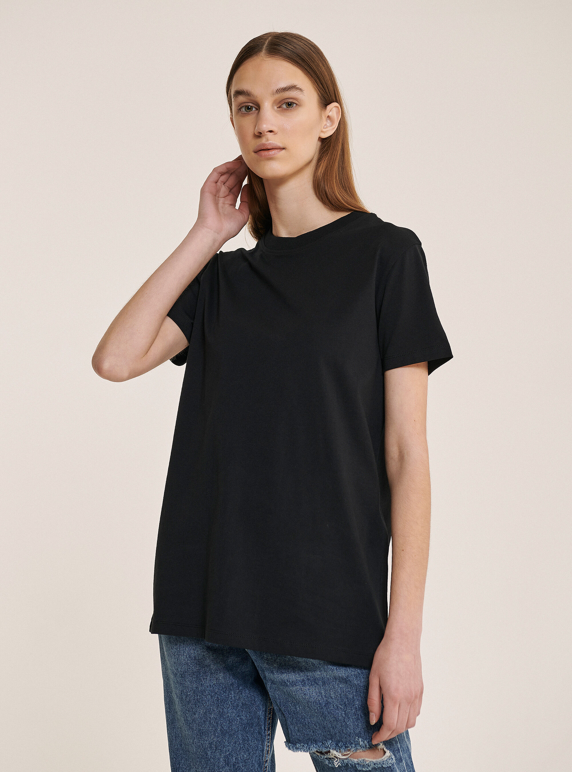 Basic round-neck cotton T-shirt, BLACK