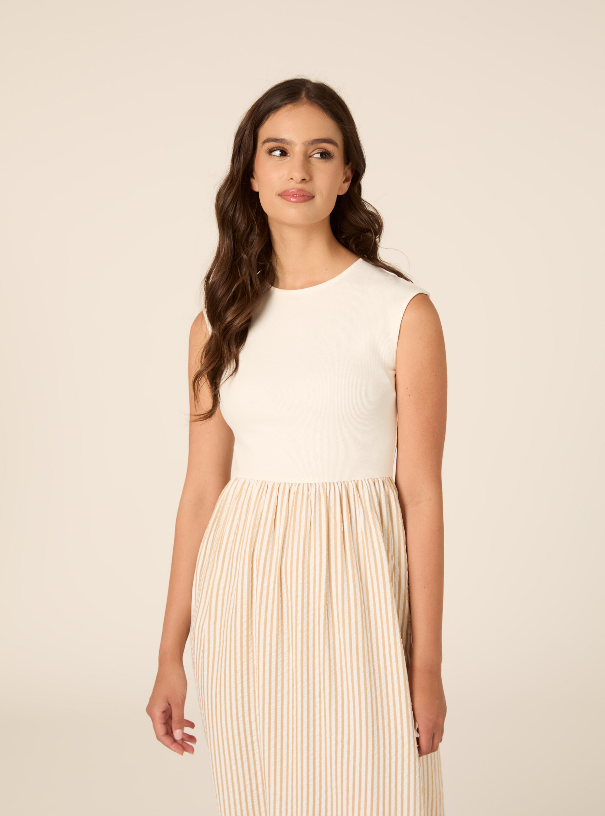 Robe Midi Bi-Mati&egrave;re Sans Manches &agrave; Rayures, WH1 OFF WHITE
