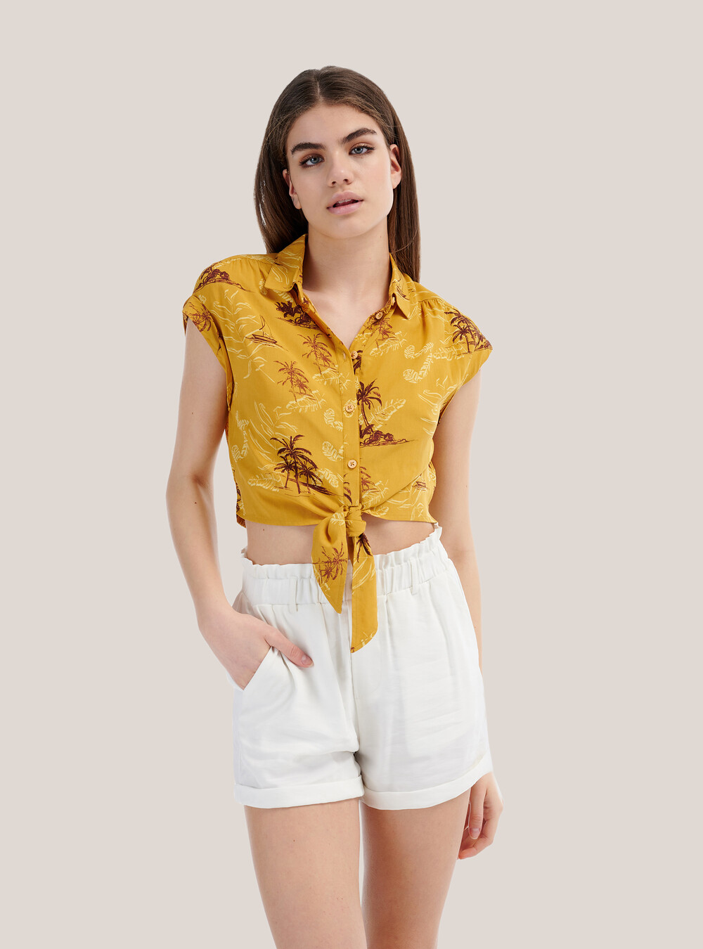 Manches Courtes Noeud Chemise Chemise En Viscose Et Lin à Manches