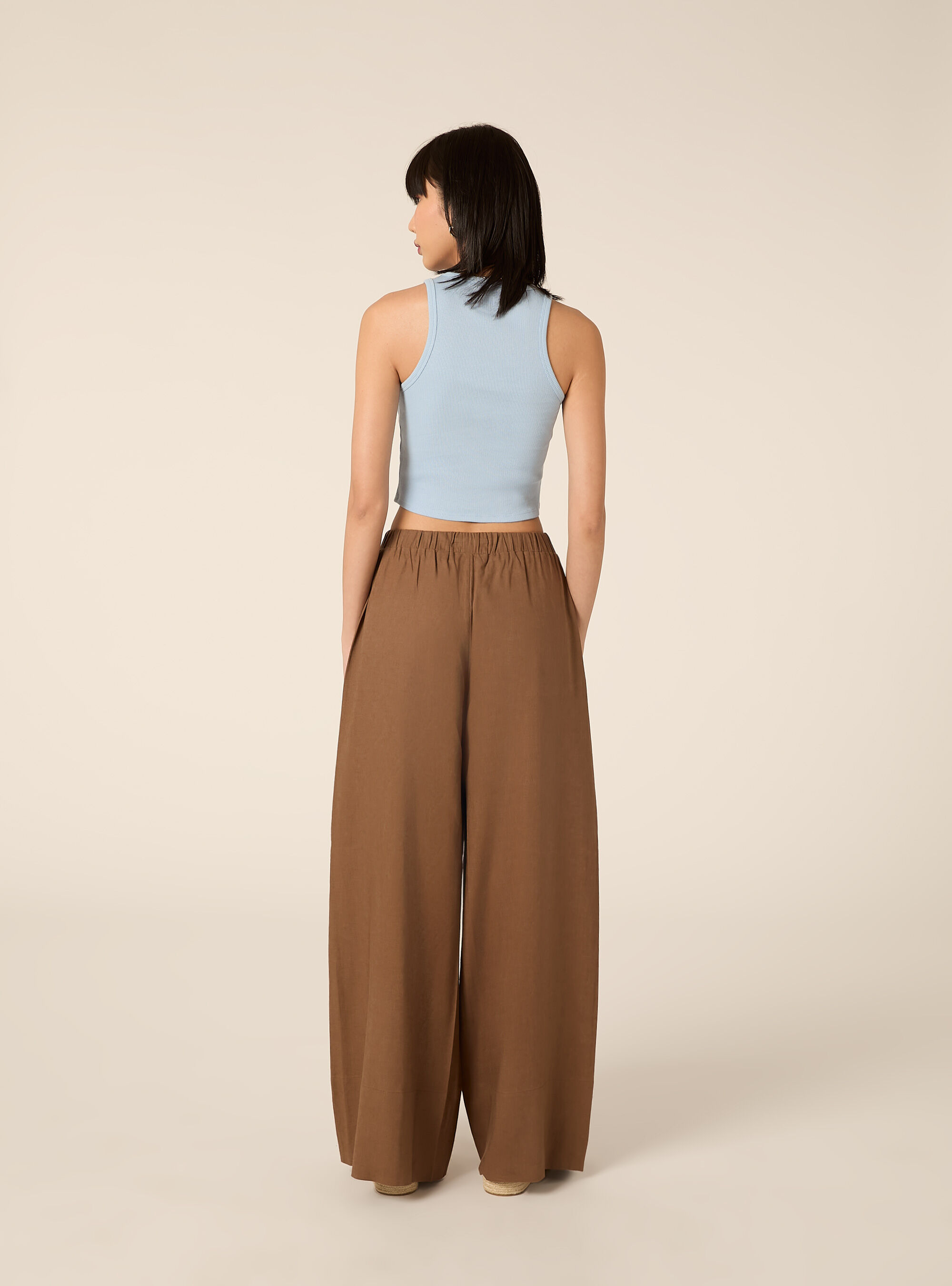 Pantaloni lunghi loose fit in misto lino, MARRONE MEDIO