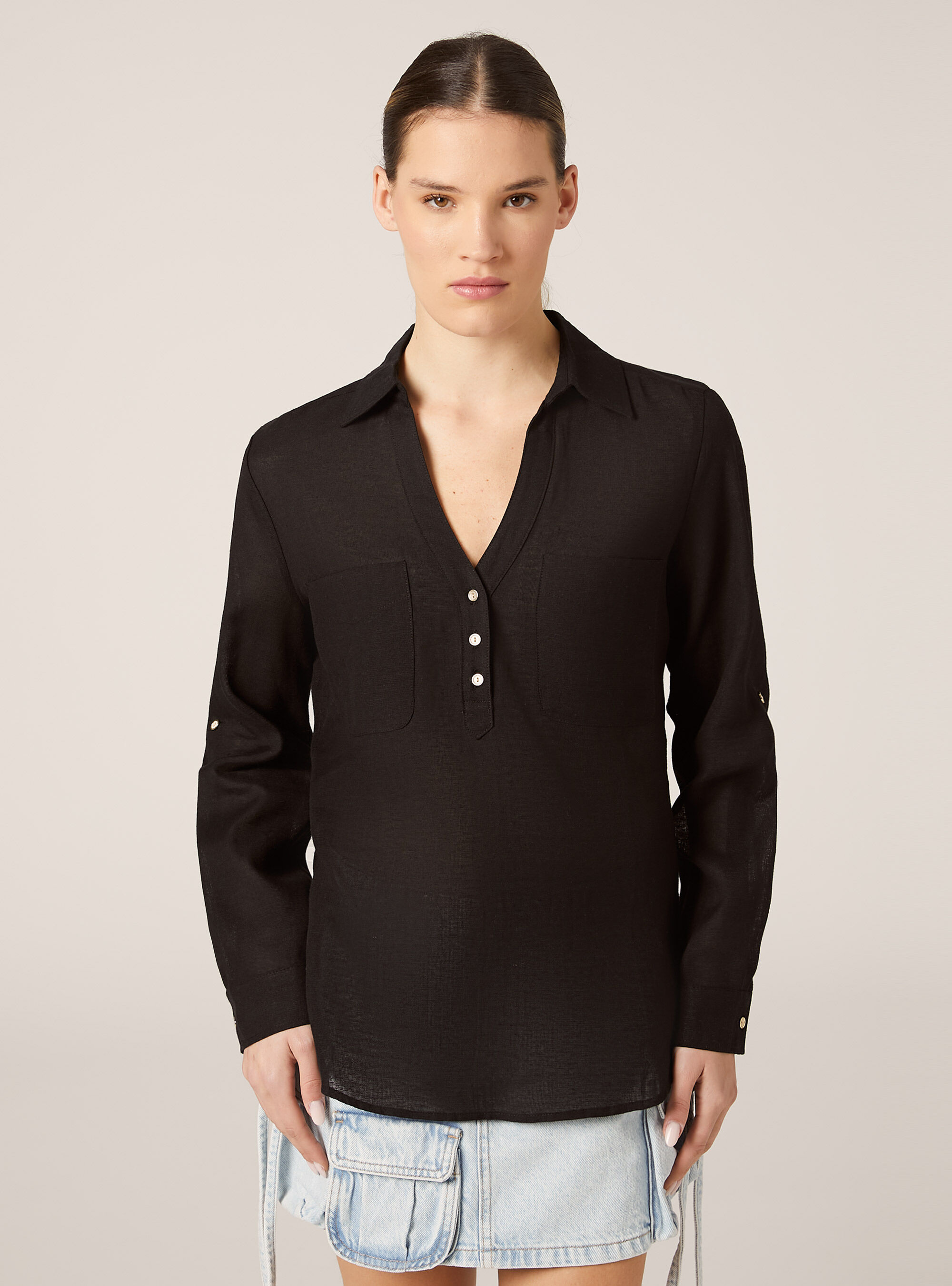 Linen blend blouse, BK1 BLACK