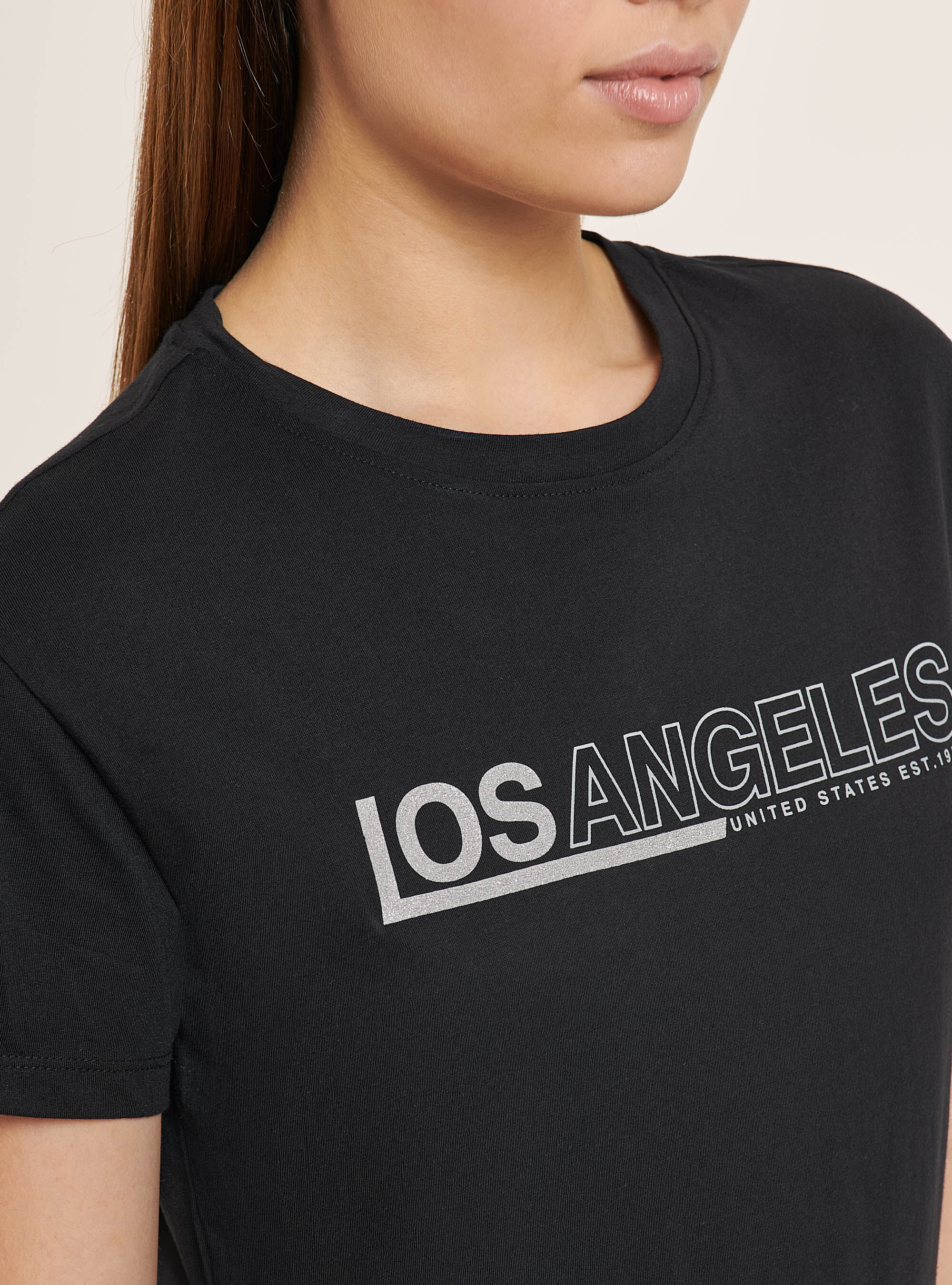 Cotton T-shirt with glitter print, BLACK