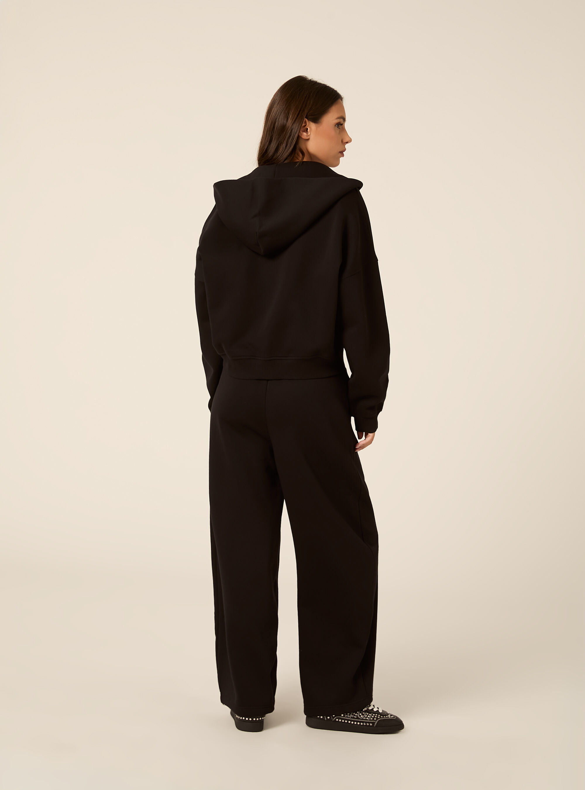 Cropped zip through hoodie with pockets, BK1 BLACK