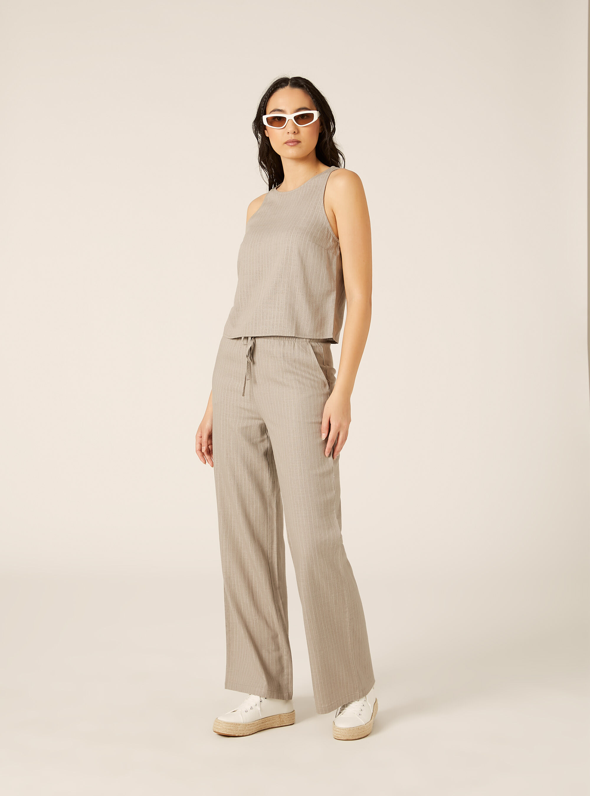 Canotta basic in misto lino, STRIPE BEIGE/WHITE