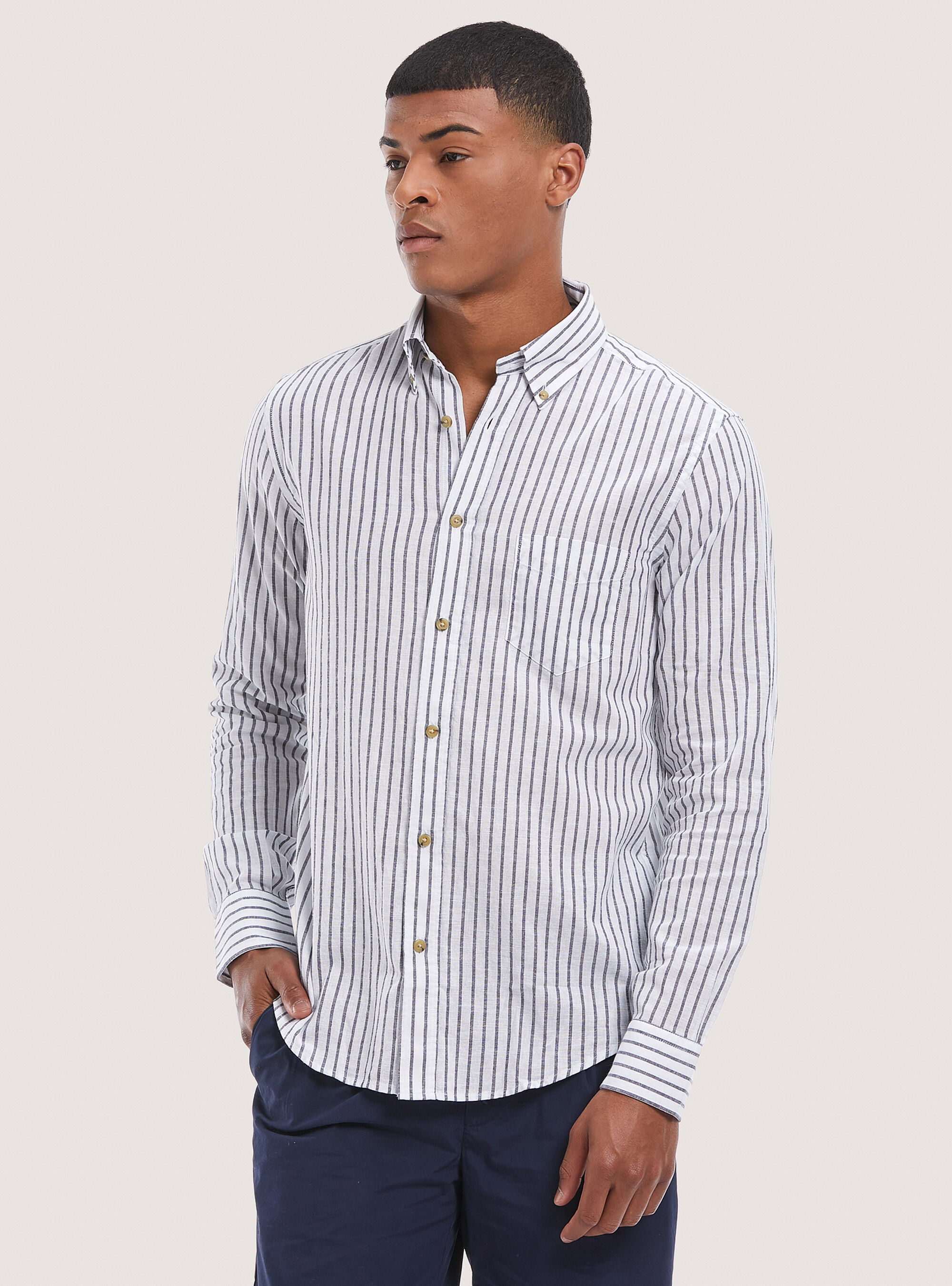 Striped linen blend shirt, BLUE NAVY