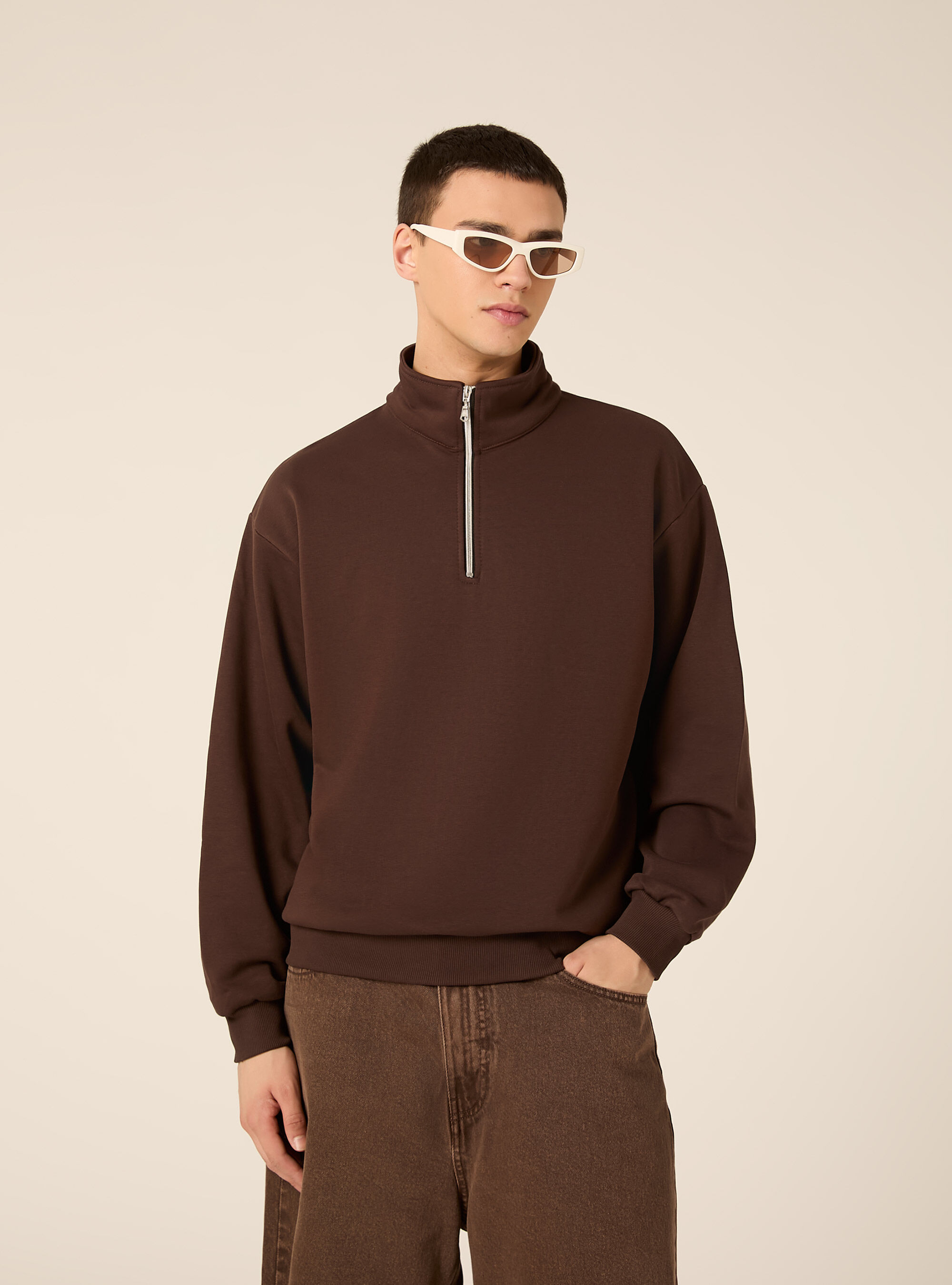 Felpa mezzo collo con zip boxy fit, BR1 BROWN DARK
