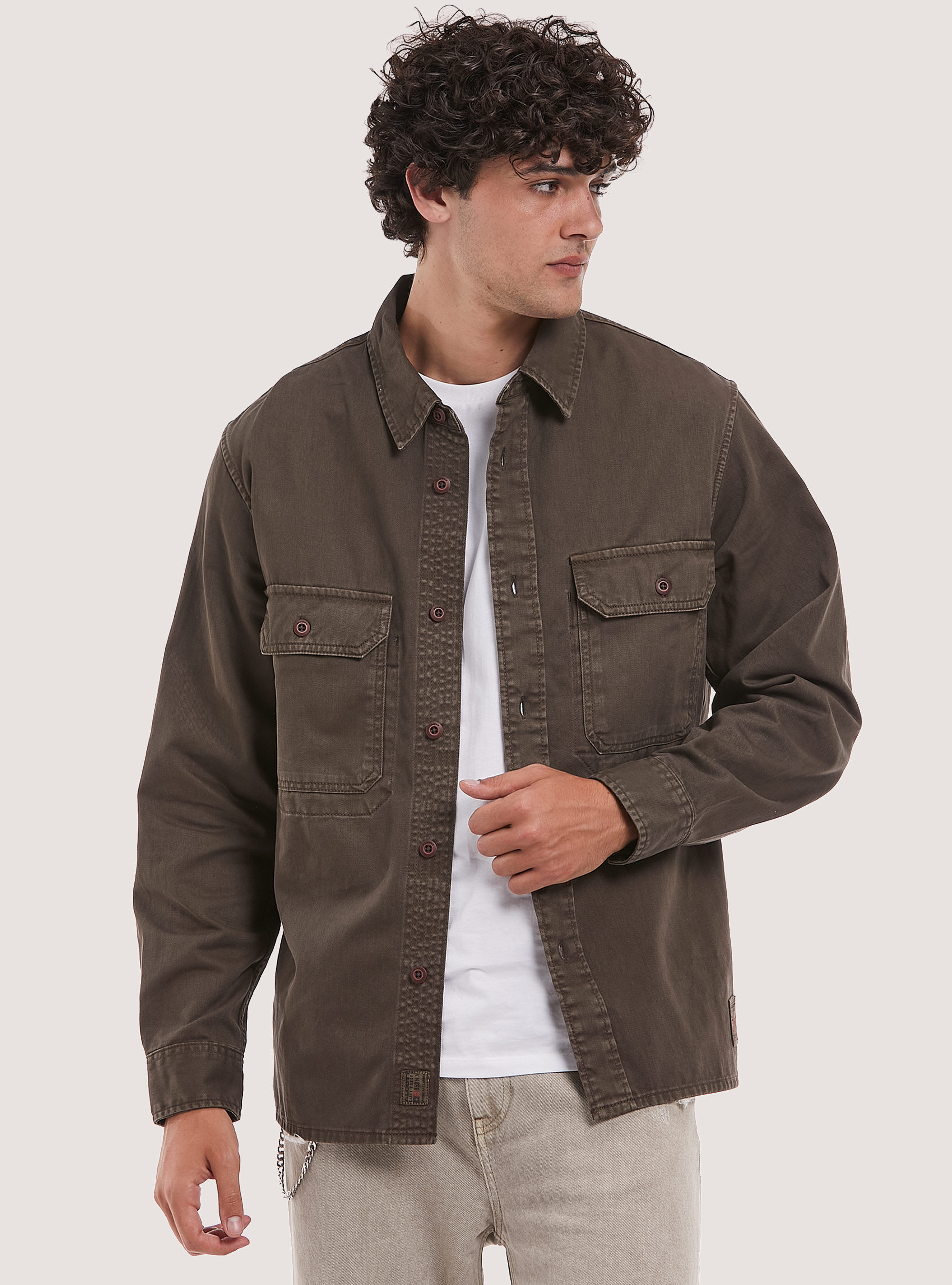 Camicia Army con tasconi in cotone, BR1 BROWN DARK