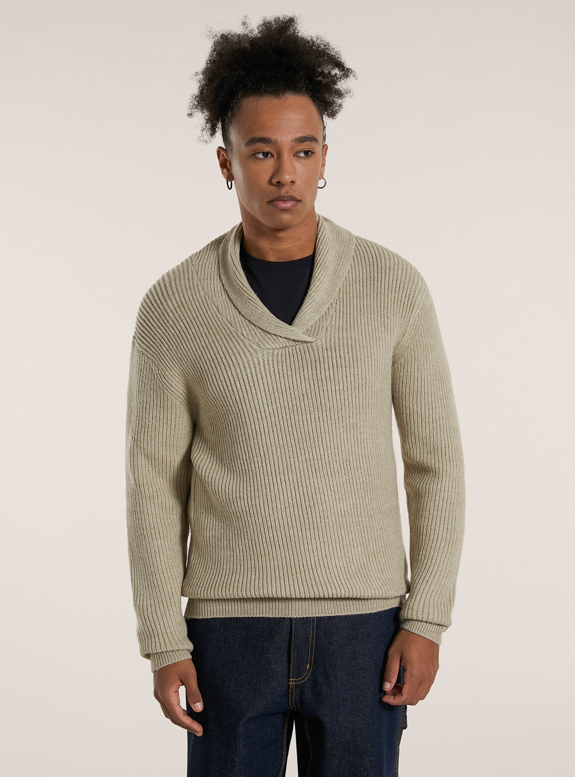 Jersey suave de canal&eacute; con cuello en relieve, MBG2 BEIGE MEL MED