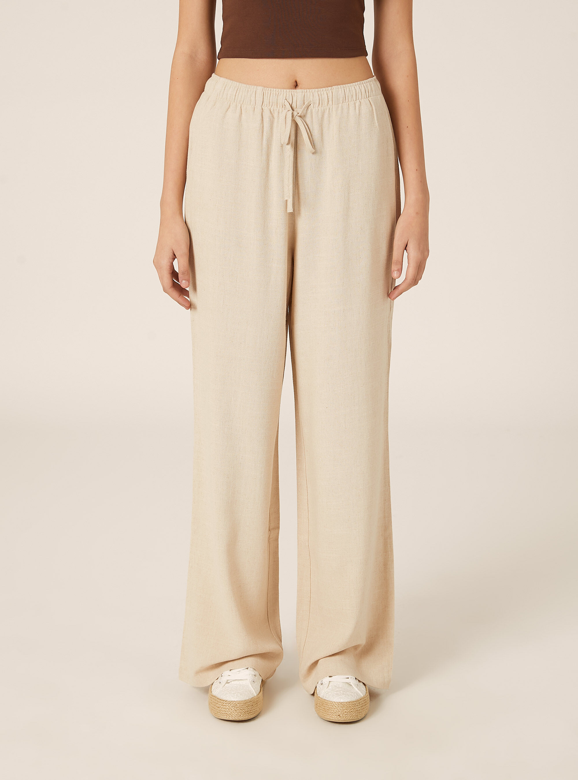Pantaloni wide leg in misto lino, MBG2 BEIGE MEL MED