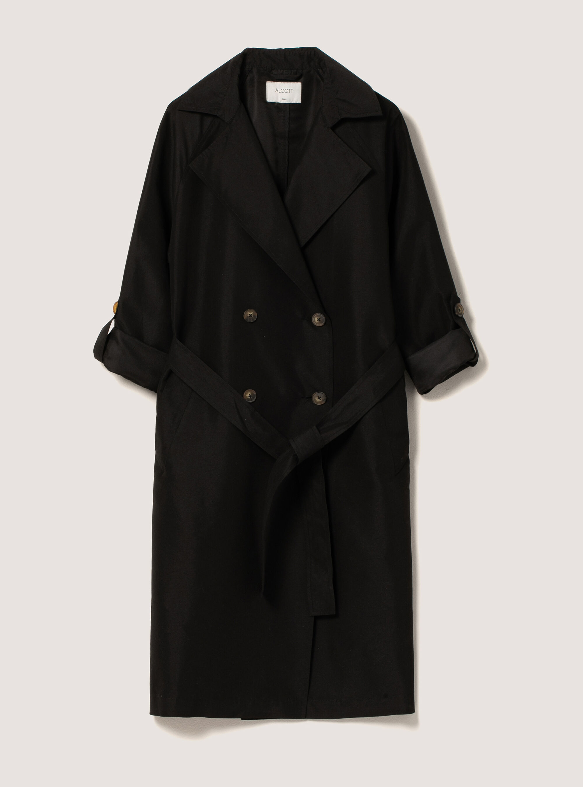 Long trench coat with buttons, BK1 BLACK