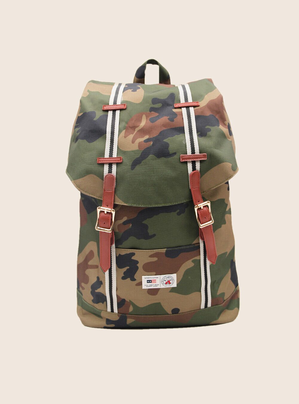 Camouflage backpack with details and faux leather closures