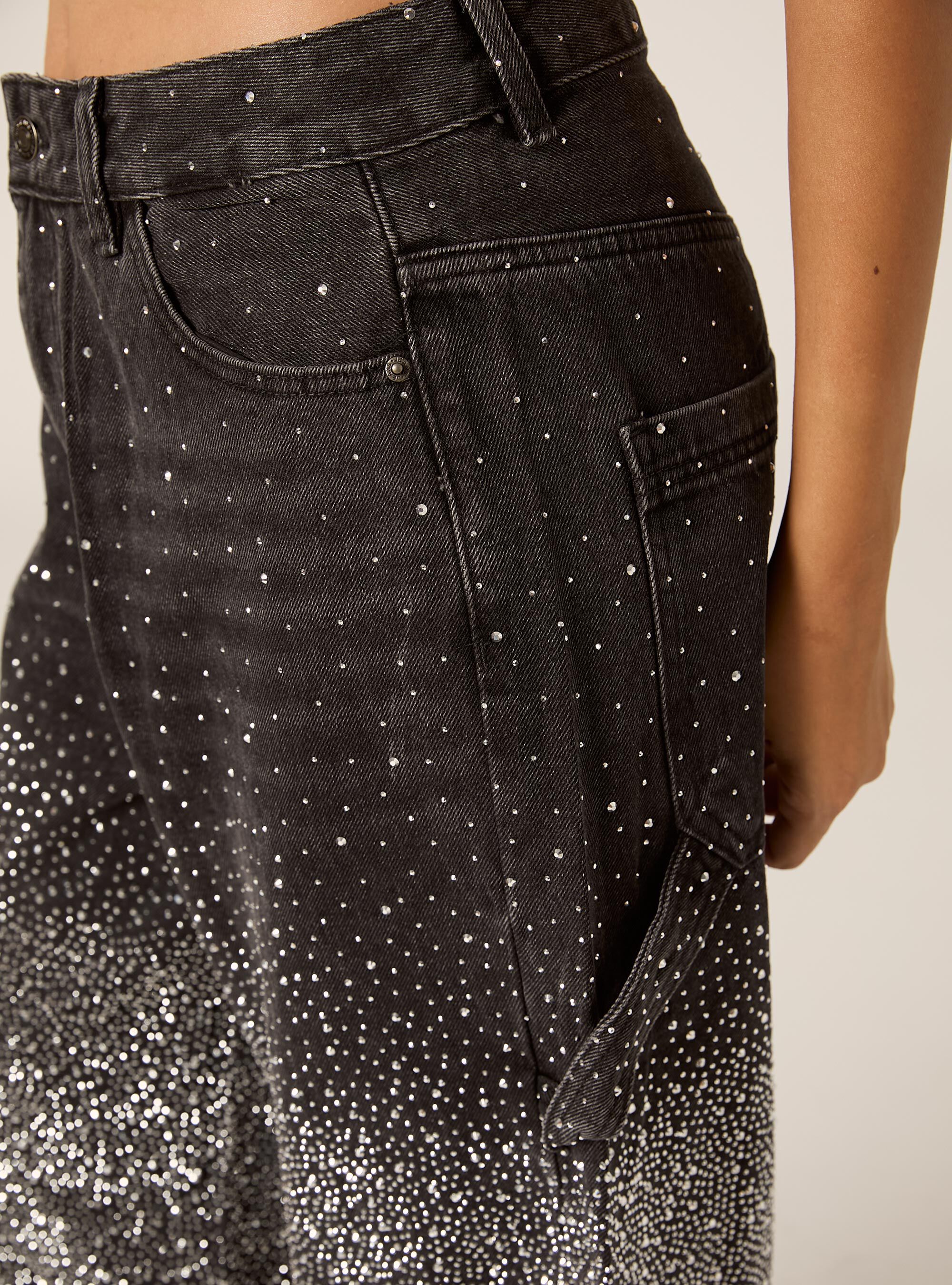 Vaqueros anchos de carpintero con strass, D000 BLACK