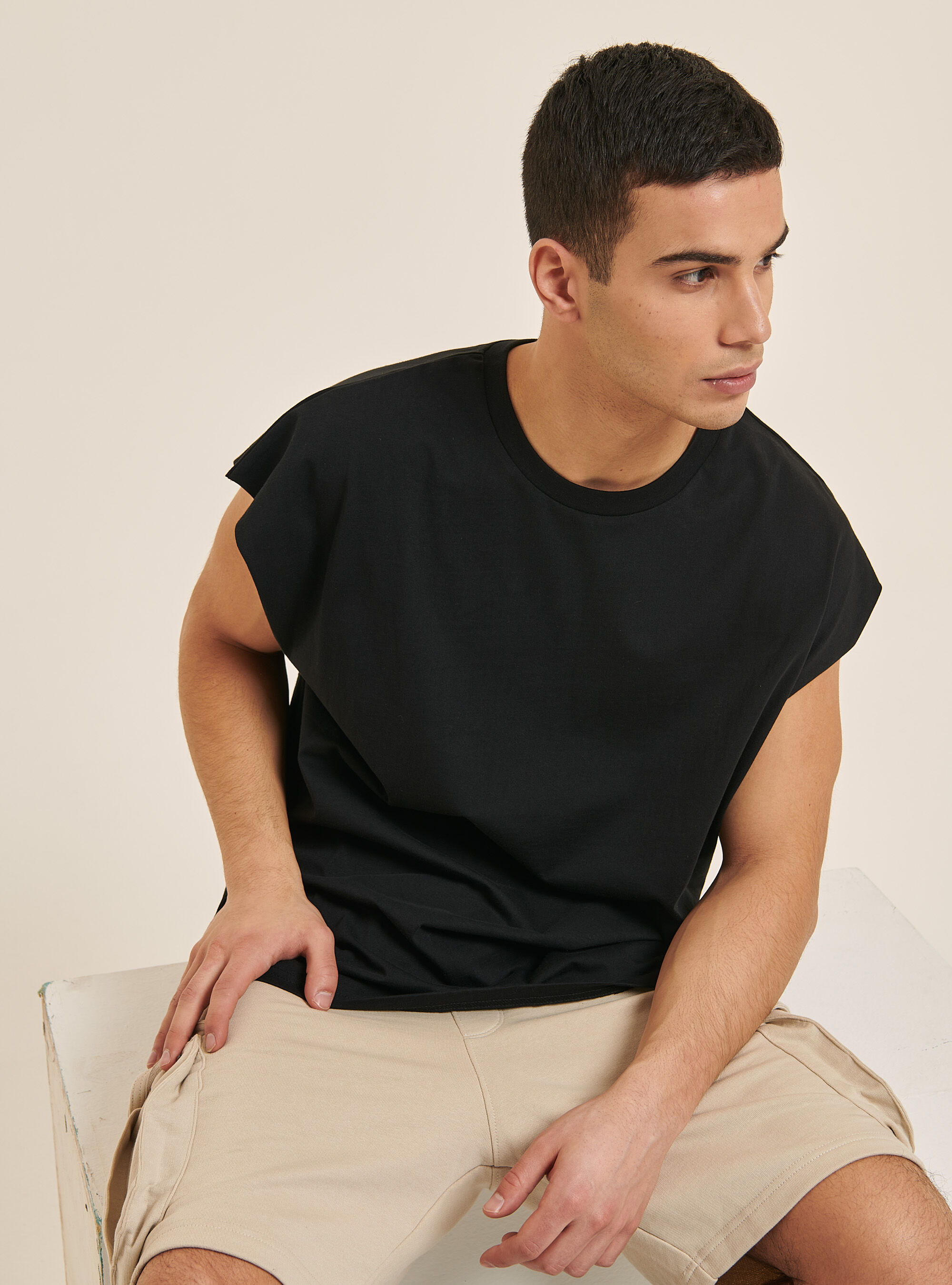 Oversized cotton tank top, BLACK