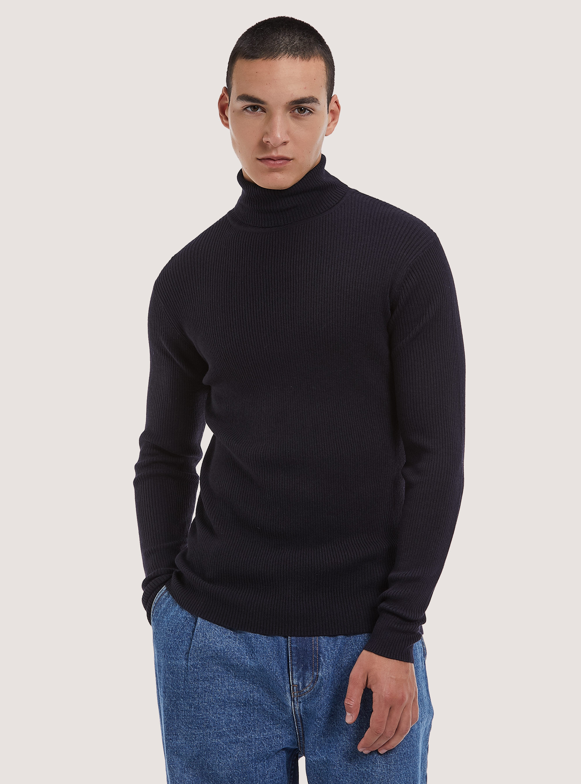 Pullover collo alto a coste, BLU MARINO
