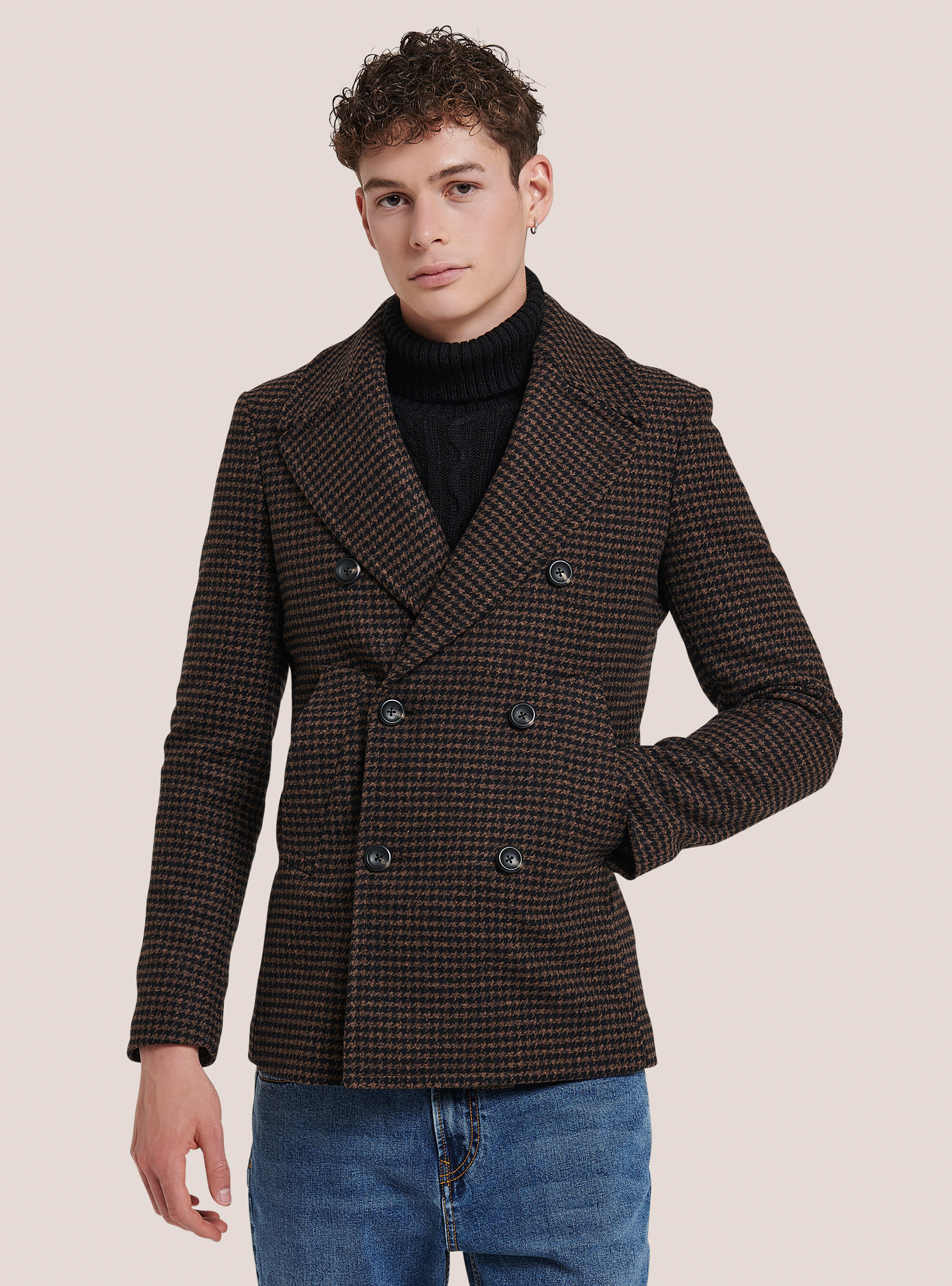 Houndstooth wool blend coat