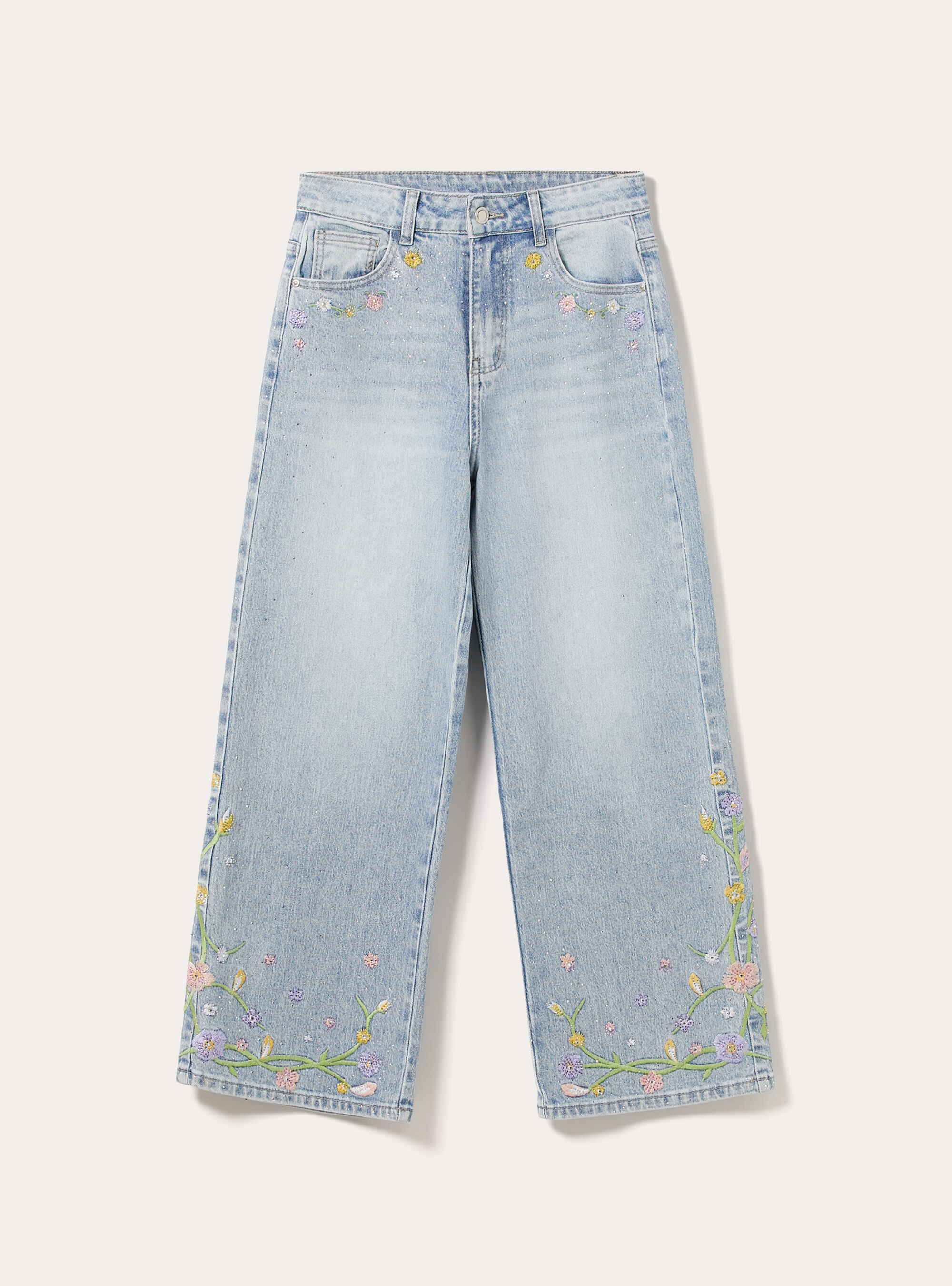 Jeans straight fit corto con ricami, D006 AZURE