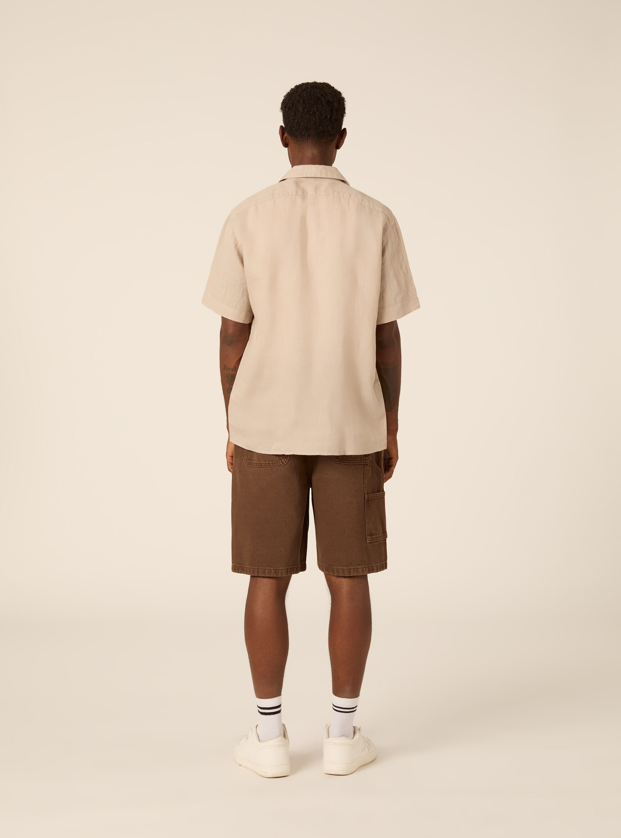 Camicia mezza manica in 100%lino collo bowling, MBG2 BEIGE MEL MED