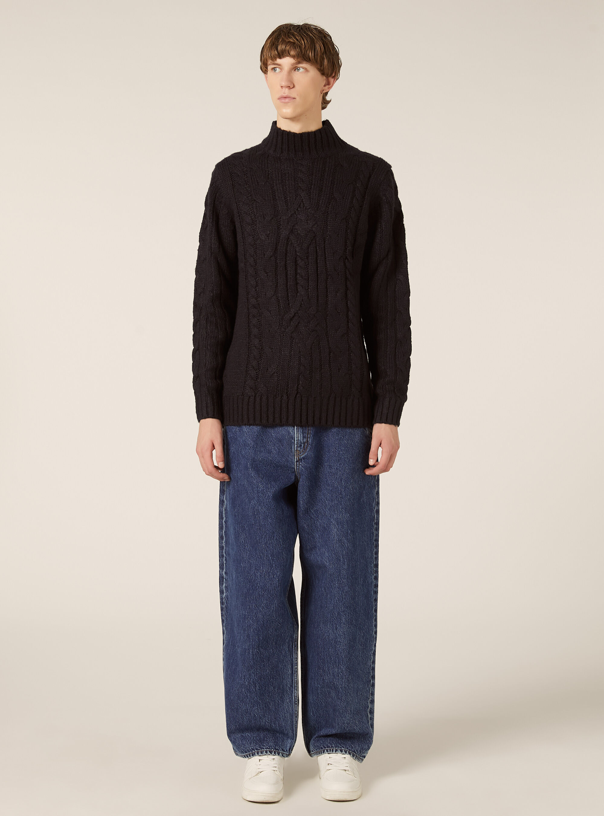 Mid-neck pullover with cables, NA1 NAVY DARK