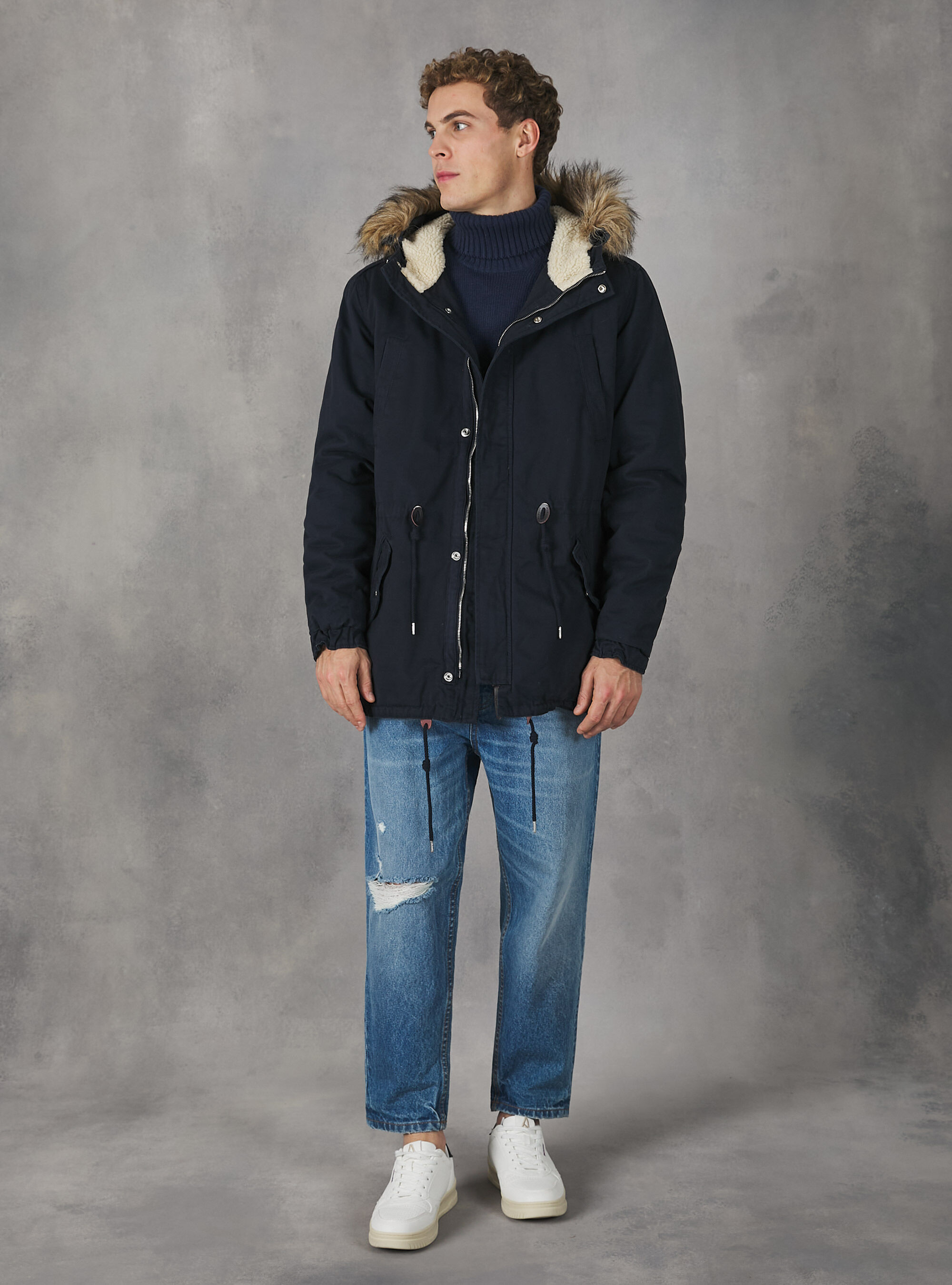 PARKA JACKET WITH FAKE LAMBSKIN, BLUE
