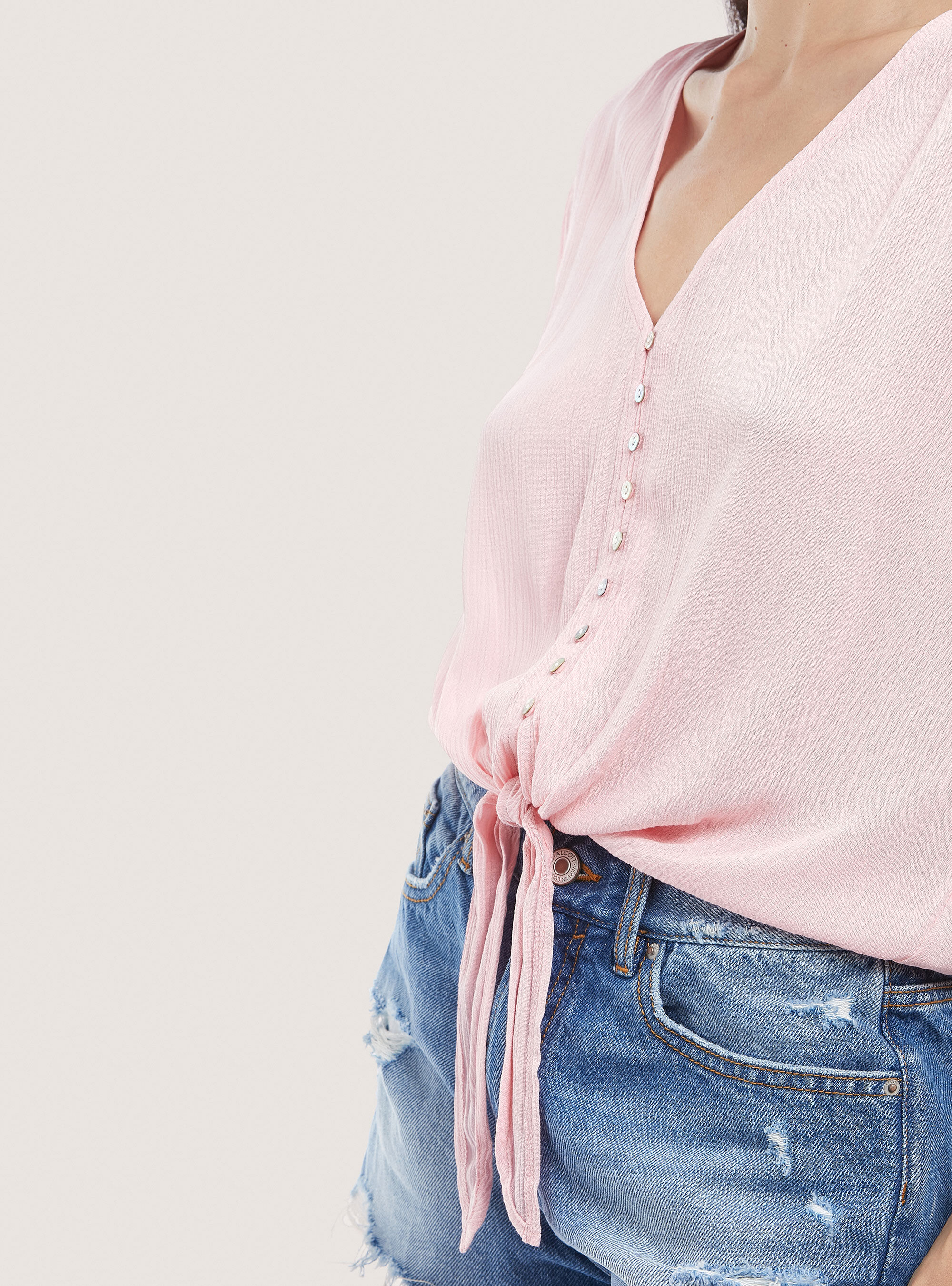 Solid colour v-neck shirt with waist knot, C4400 PINK