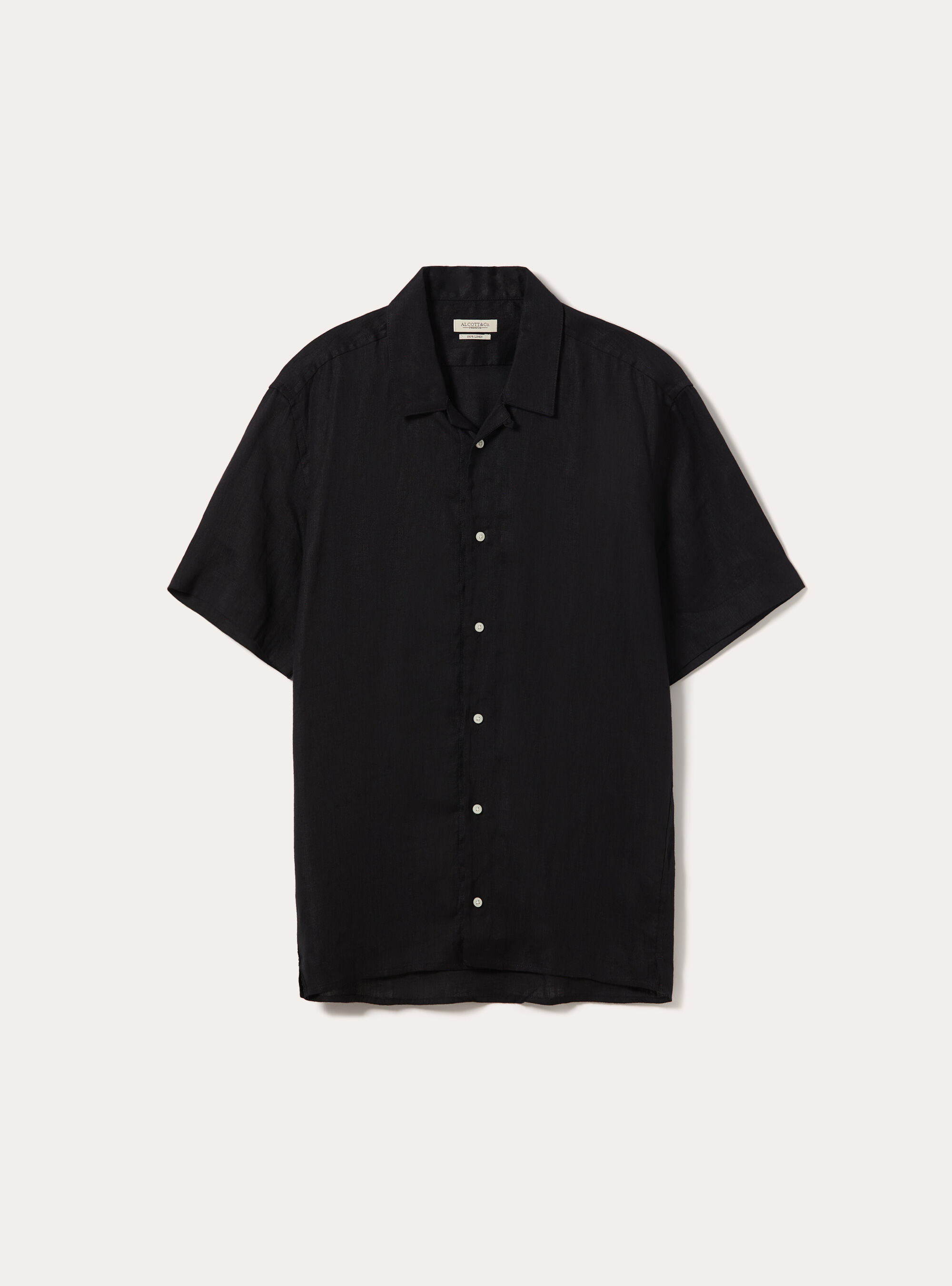 Camicia mezza manica in 100%lino collo bowling, BK1 BLACK
