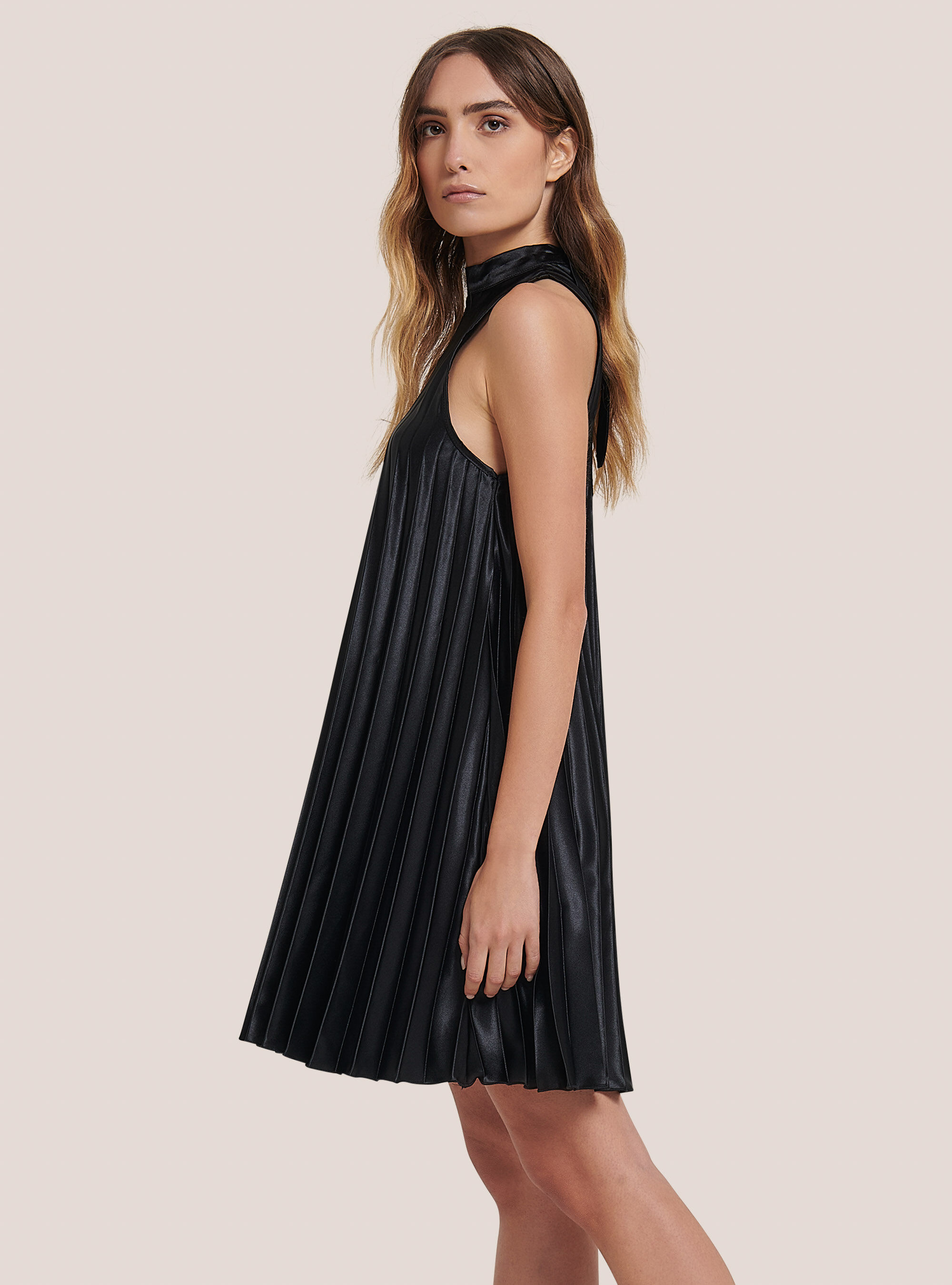 Pleated satin dress with halter neckline, BLACK
