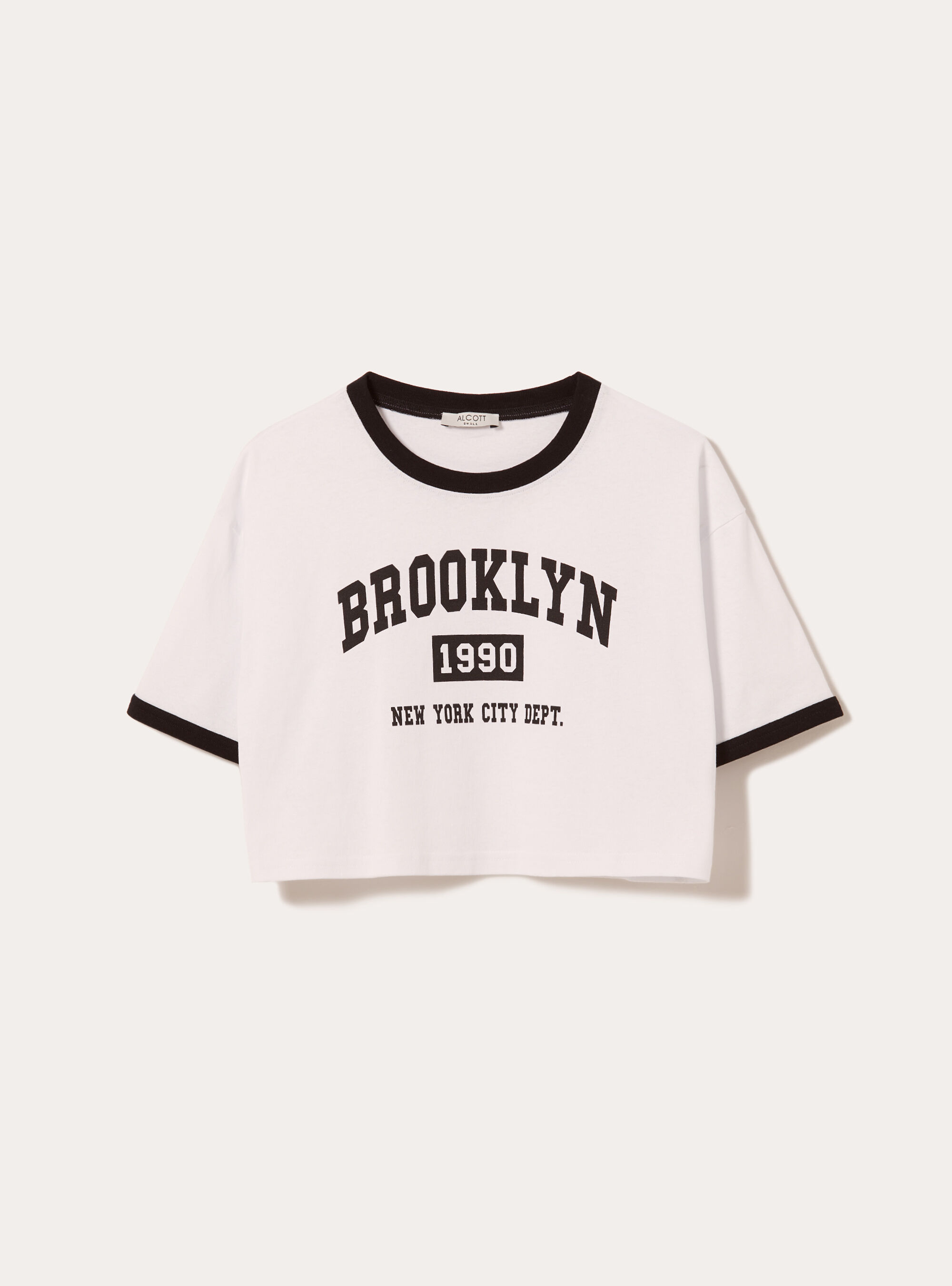 Cropped-T-Shirt mit College-Print, WH3 WHITE