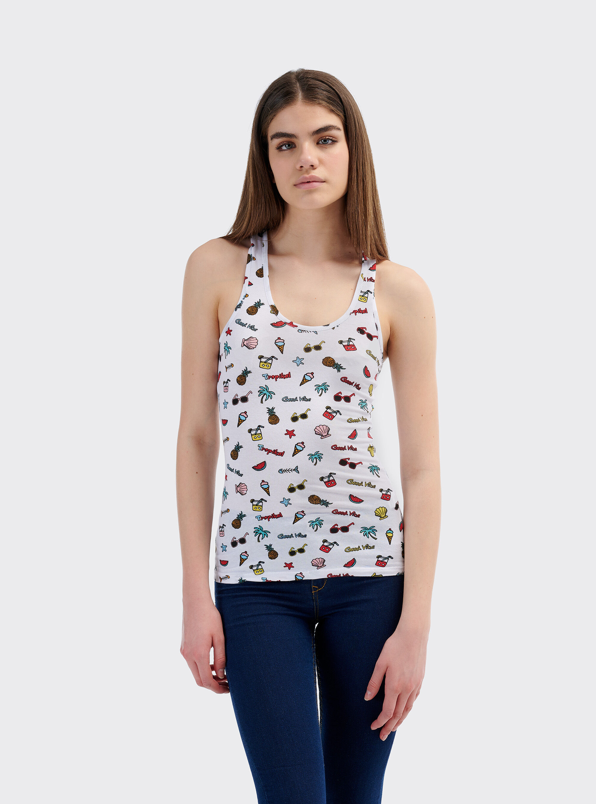 Top stretch fit con stampa allover e scollo americano sul retro, POP