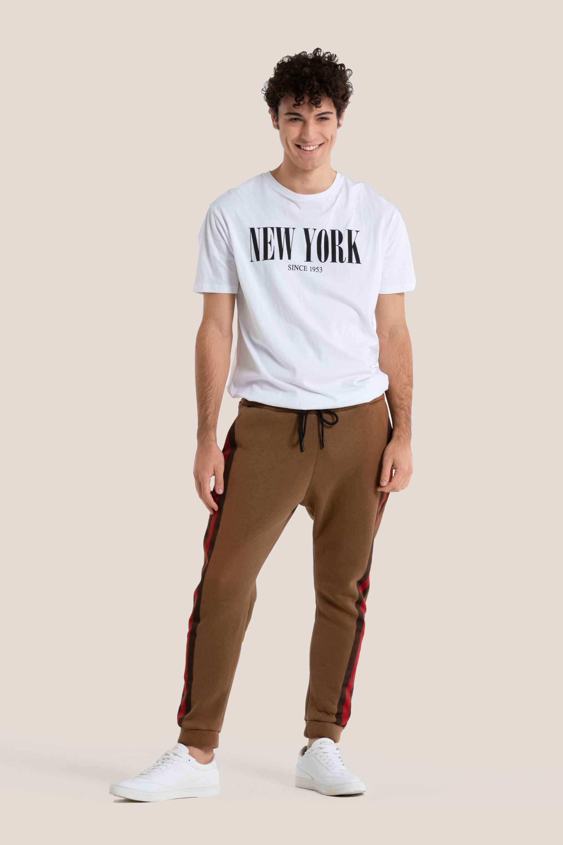 Pantaloni jogger con tape laterali, C104 CREAM