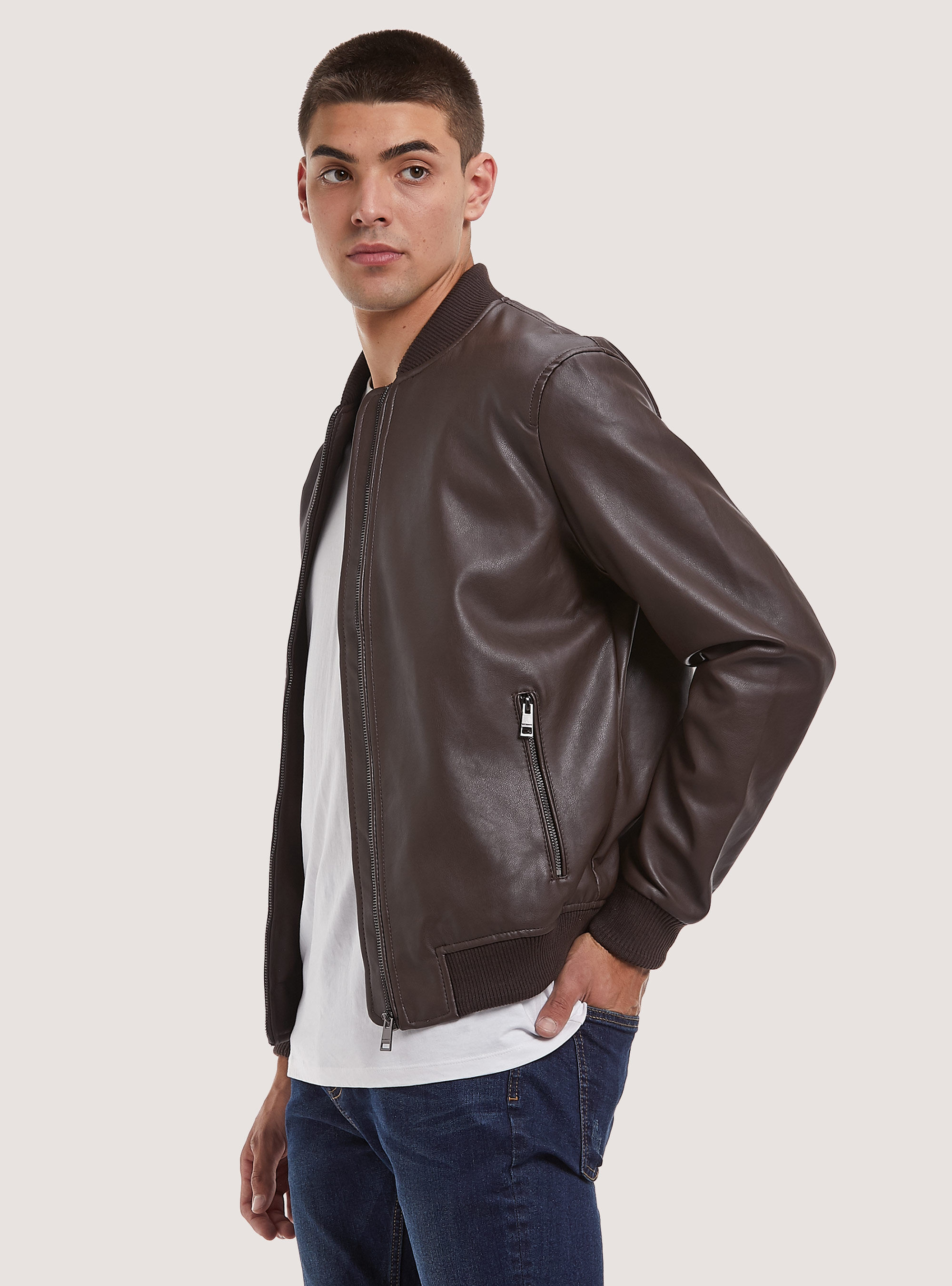 Leather-effect bomber jacket