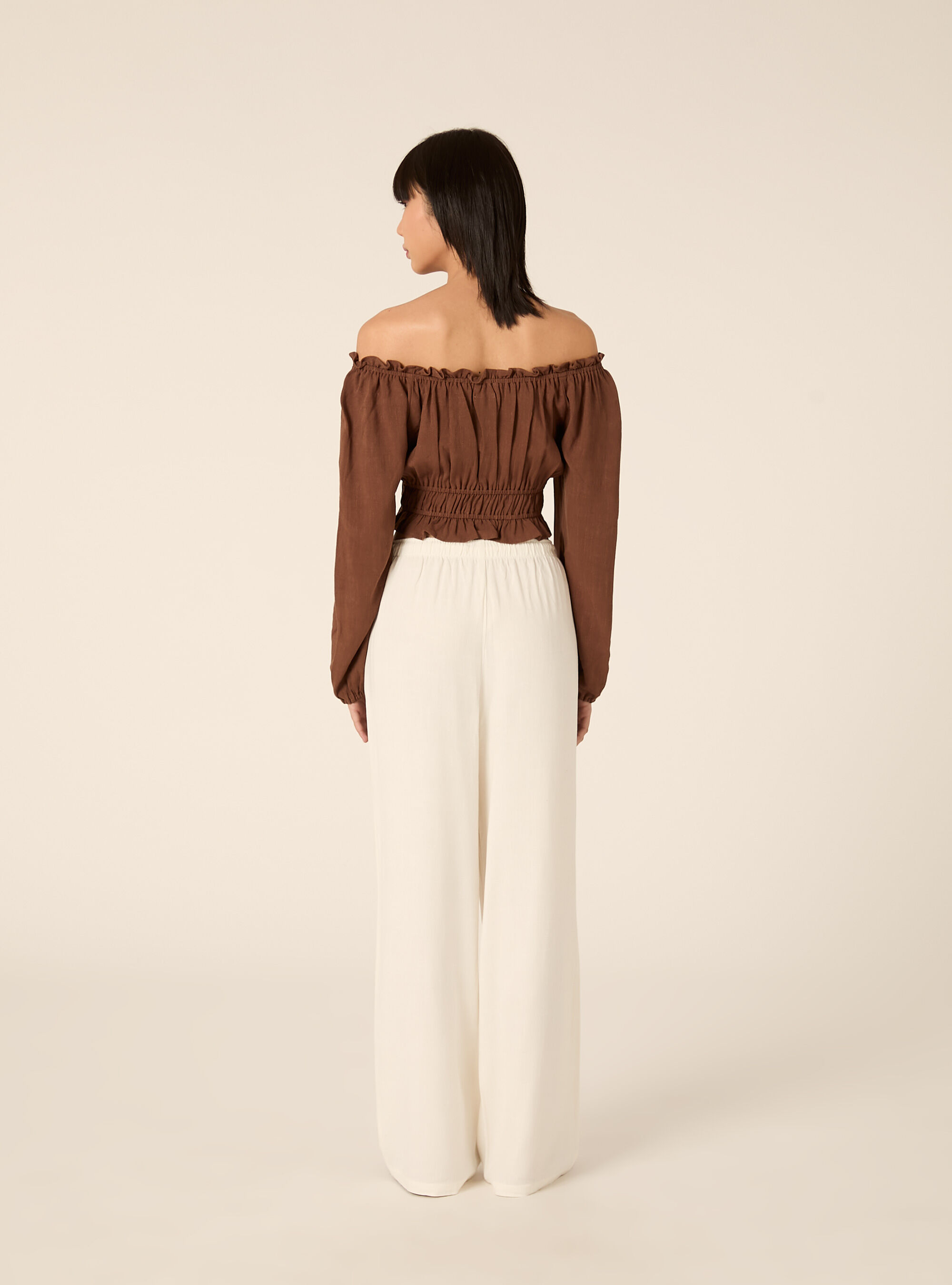 Blusa con spalle scoperte in misto lino, BR2 BROWN MEDIUM