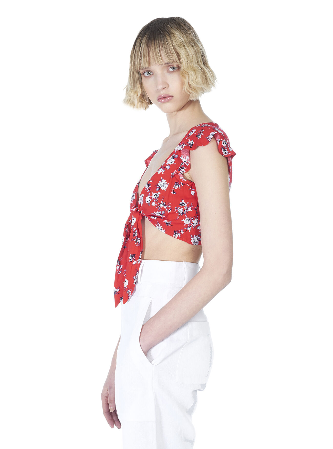 Top cropped con nodo e stampa a fiori, ROSSO