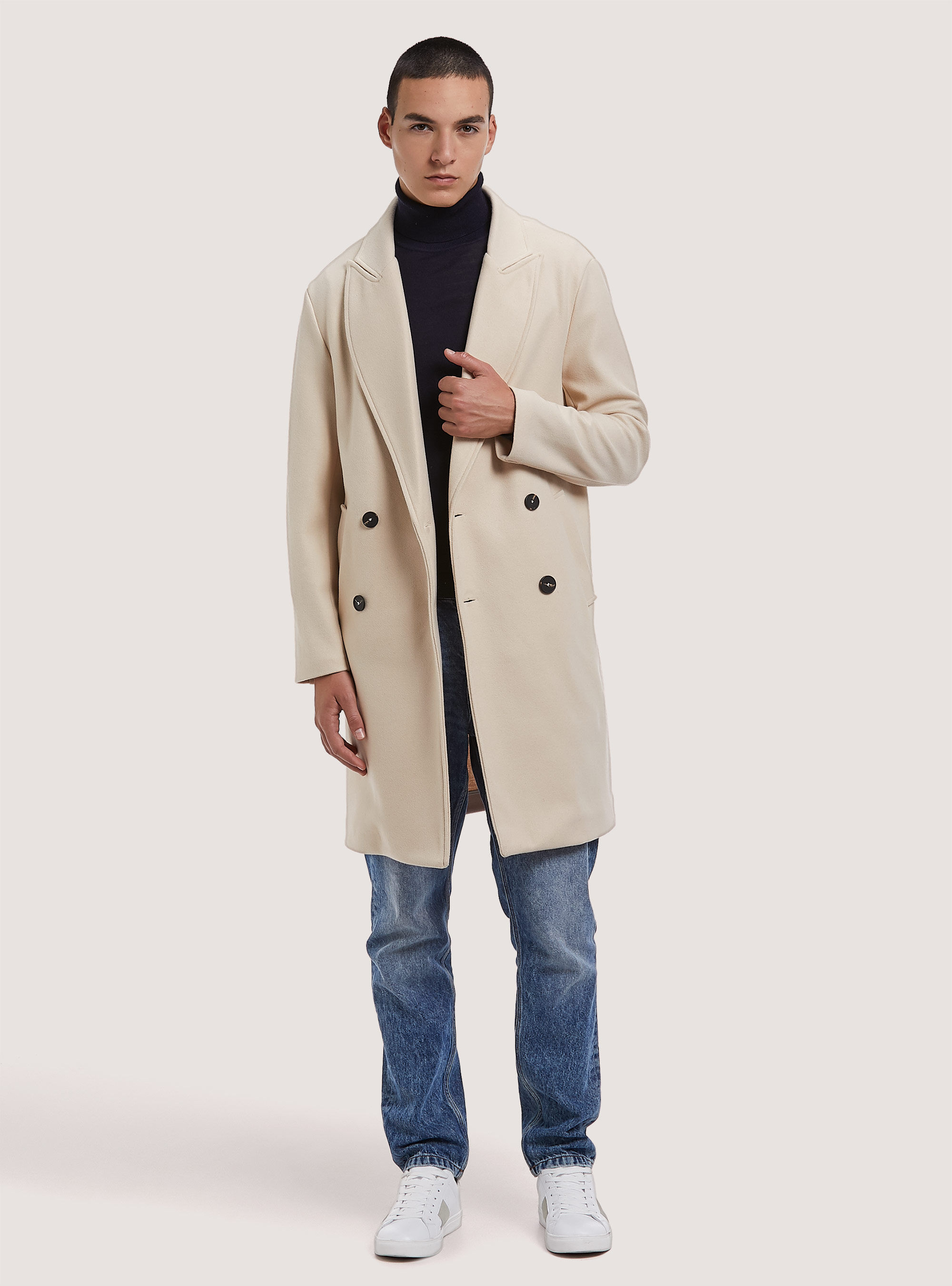 Solid-coloured double-breasted coat, WH1 OFF WHITE
