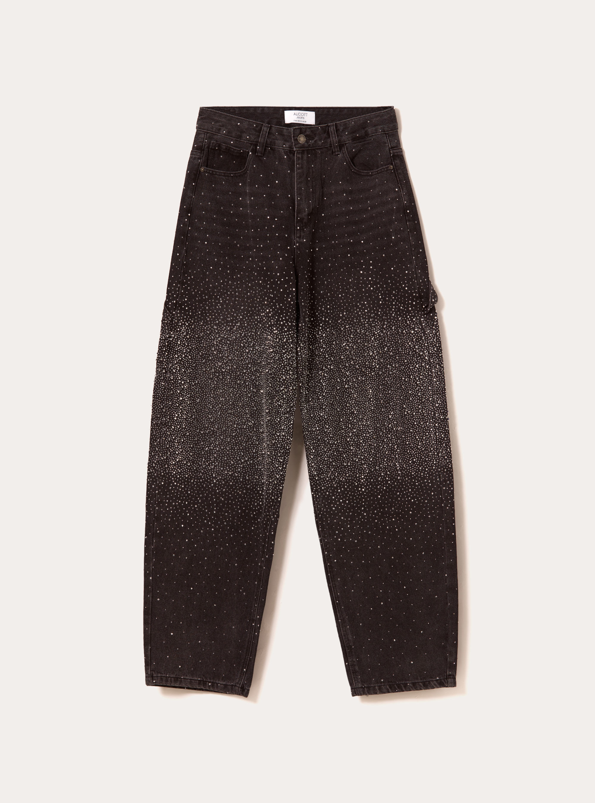Vaqueros anchos de carpintero con strass, D000 BLACK