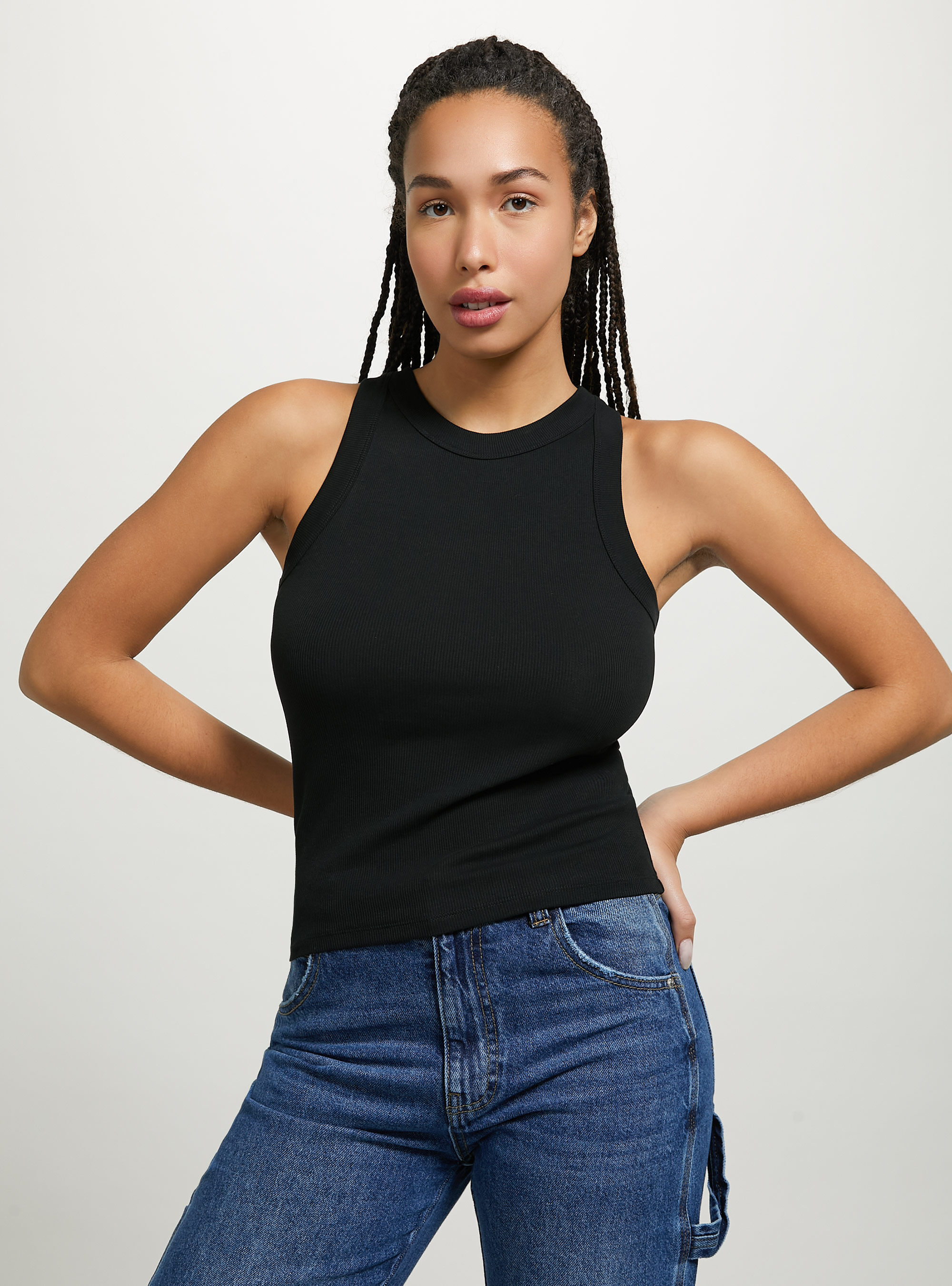 トップス Cotton ribbon tank Black Ribbed cotton tank top