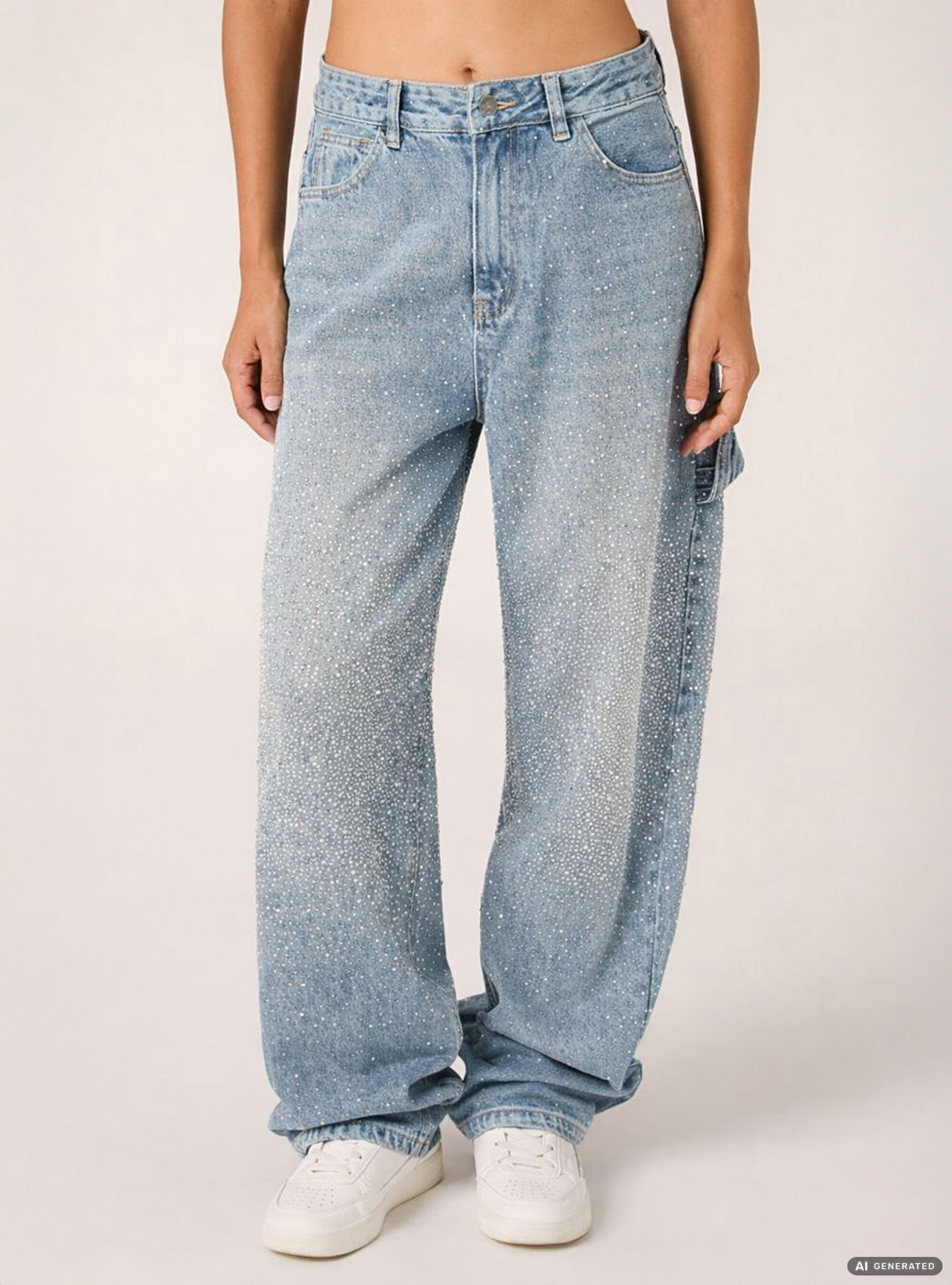 Baggy Carpenter Jeans mit Strasssteinen