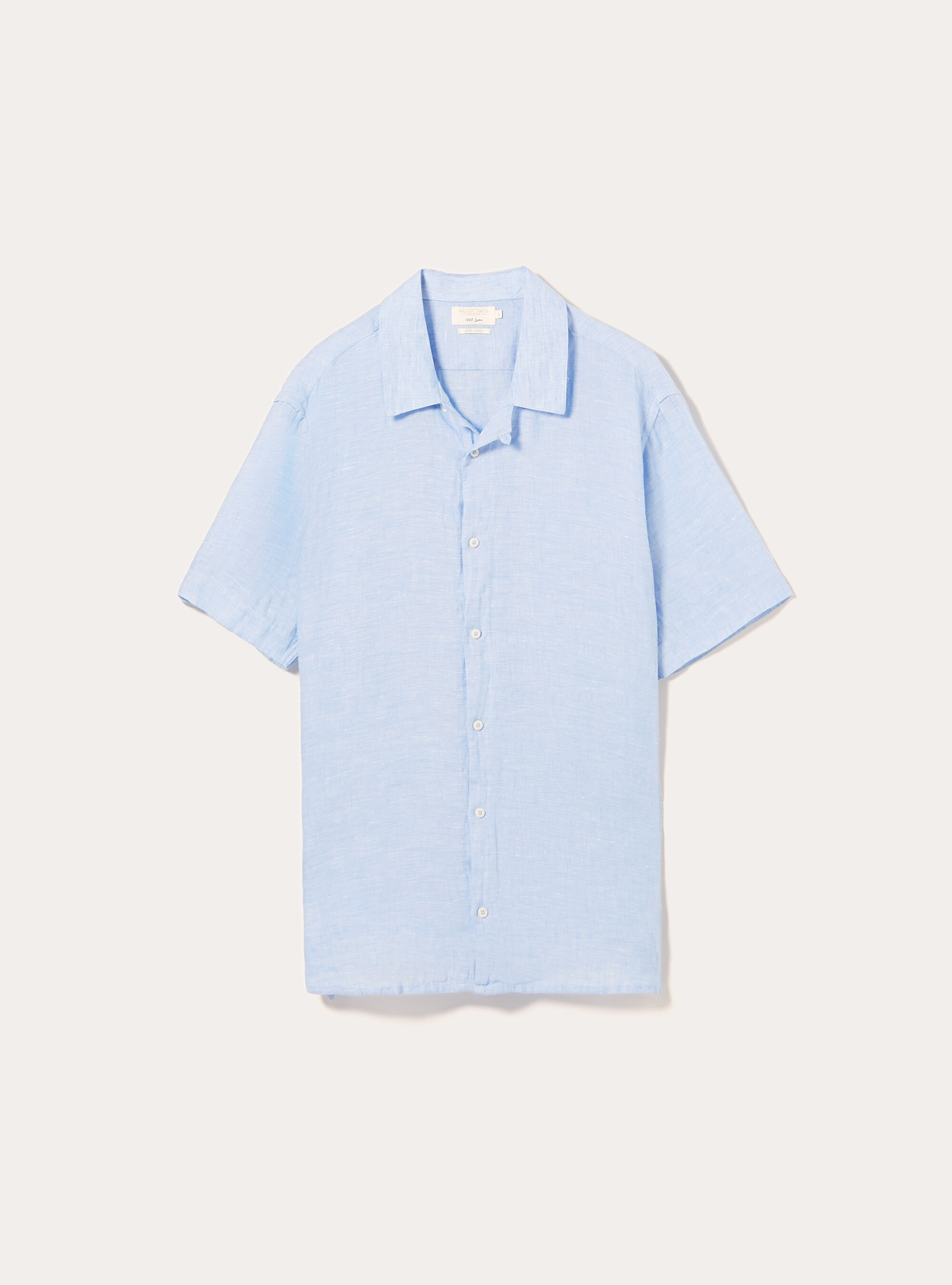 Camisa de manga corta de puro lino, CELESTE