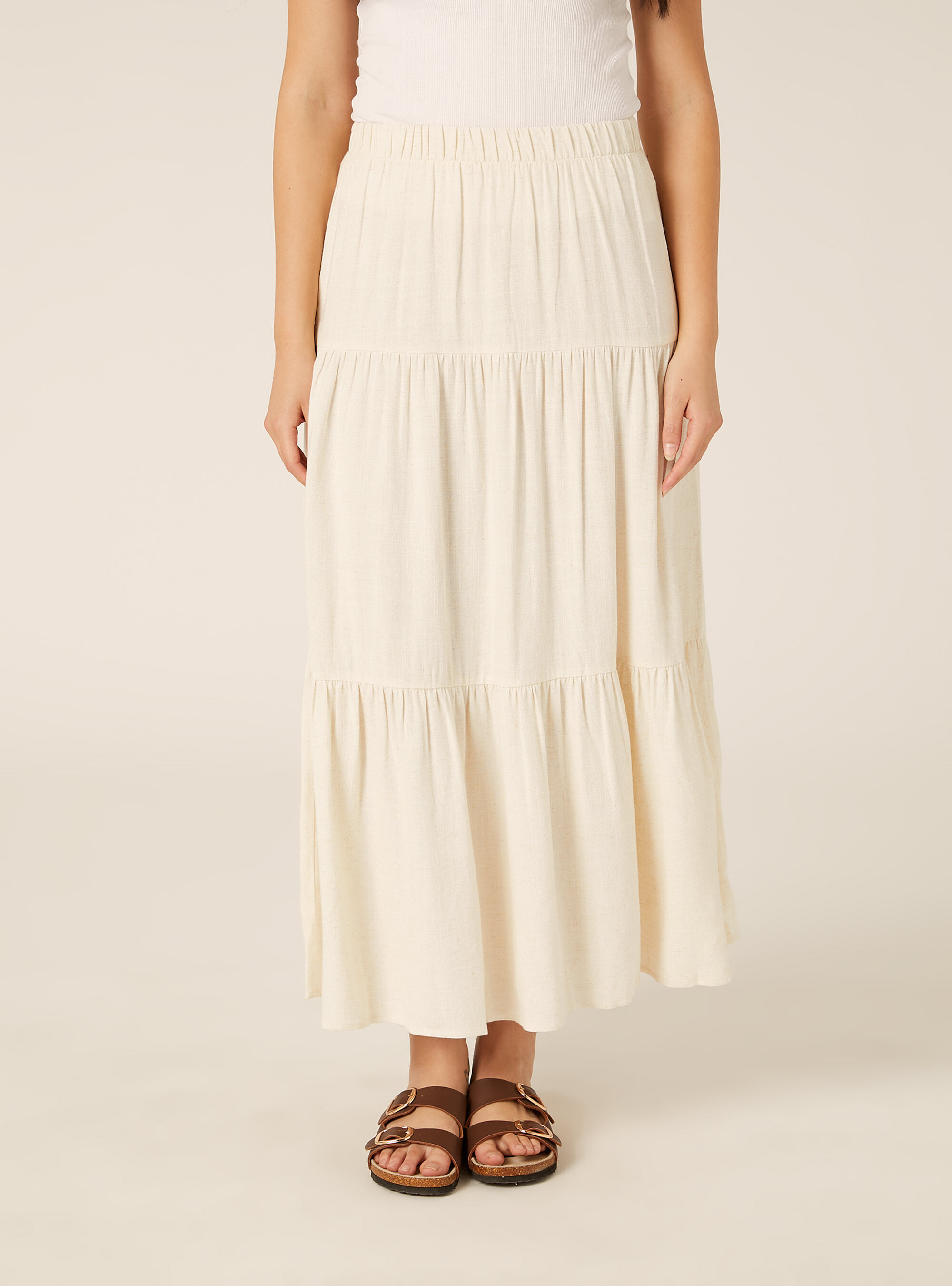 Jupe boh&egrave;me &agrave; volants en m&eacute;lange de lin, MBG3 BEIGE MEL LIGHT