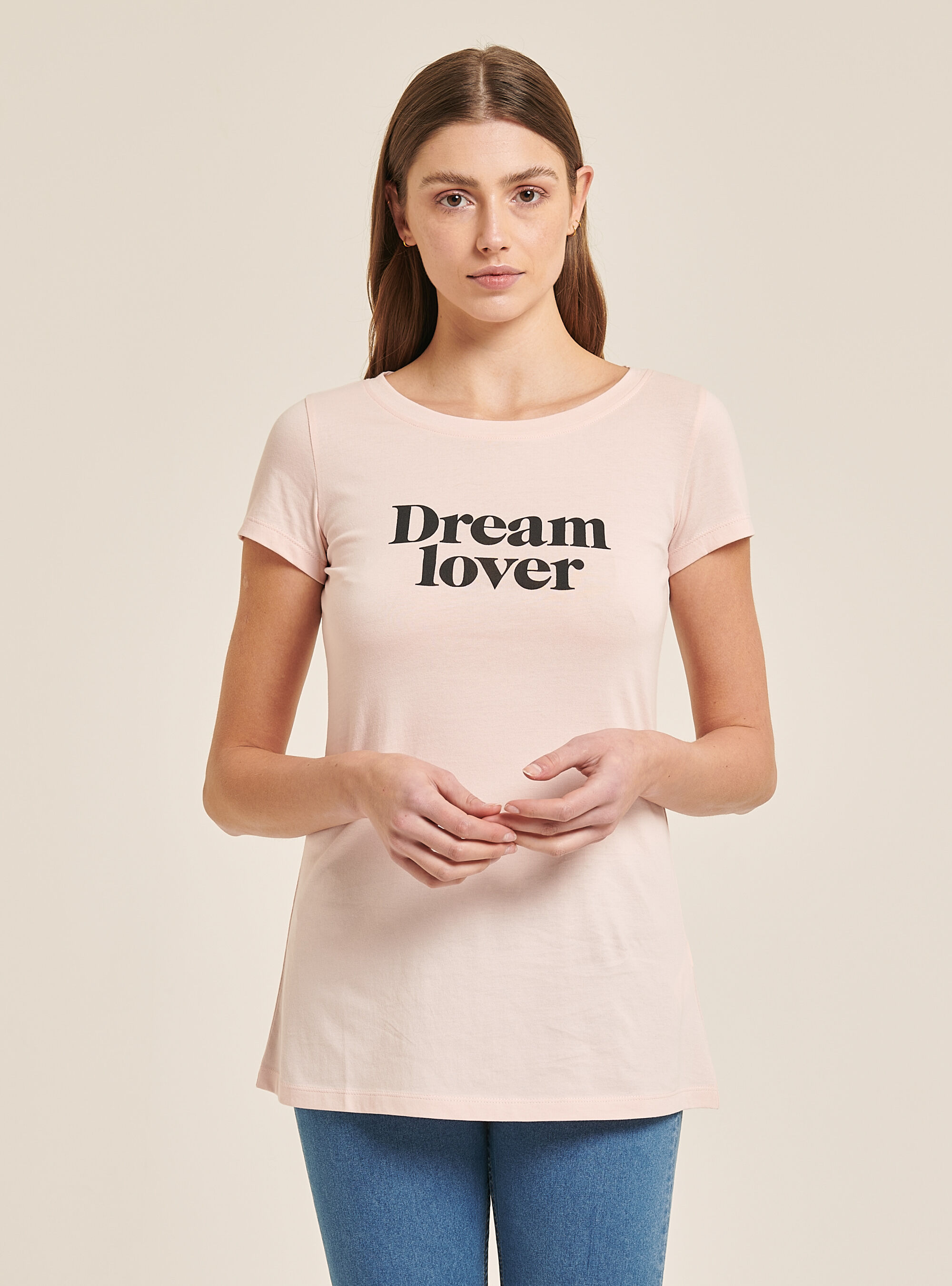 Cotton T-shirt with printed slogan, C4436 L.PINK