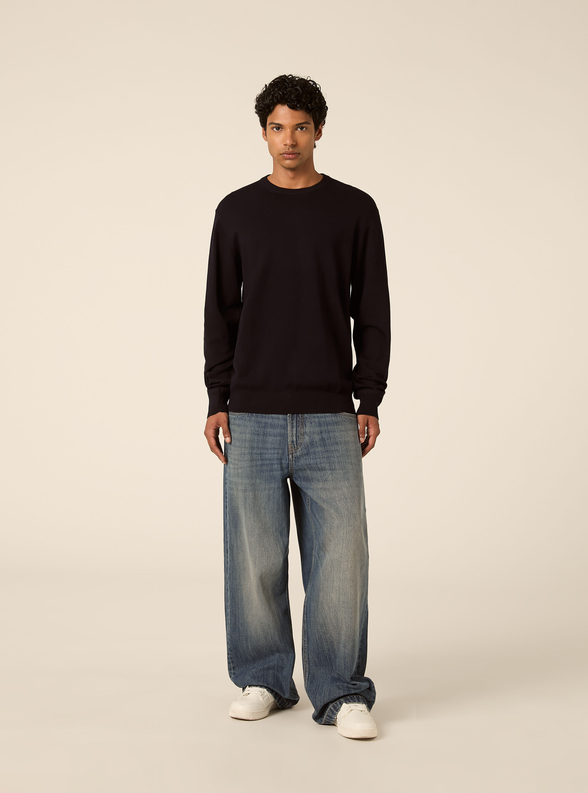 Pullover girocollo in viscosa, NAVY SCURO