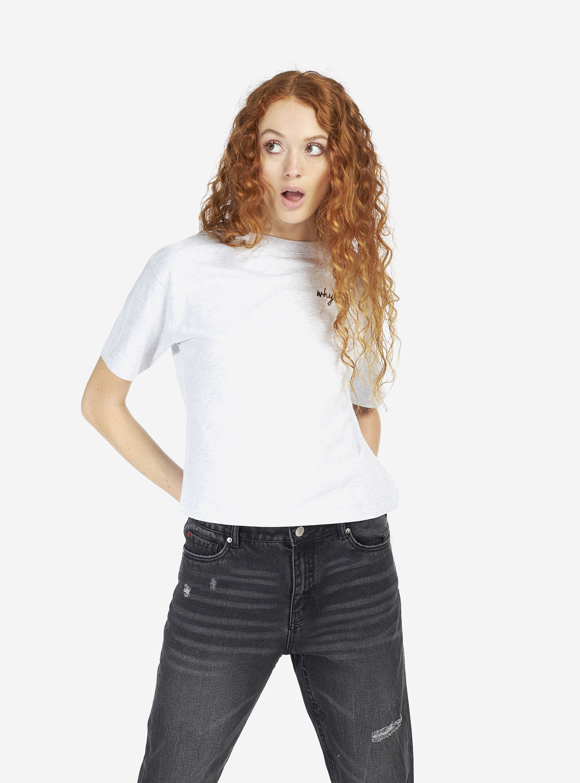 CROPPED SHIRT WITH WRITING, WHITE MELANGE