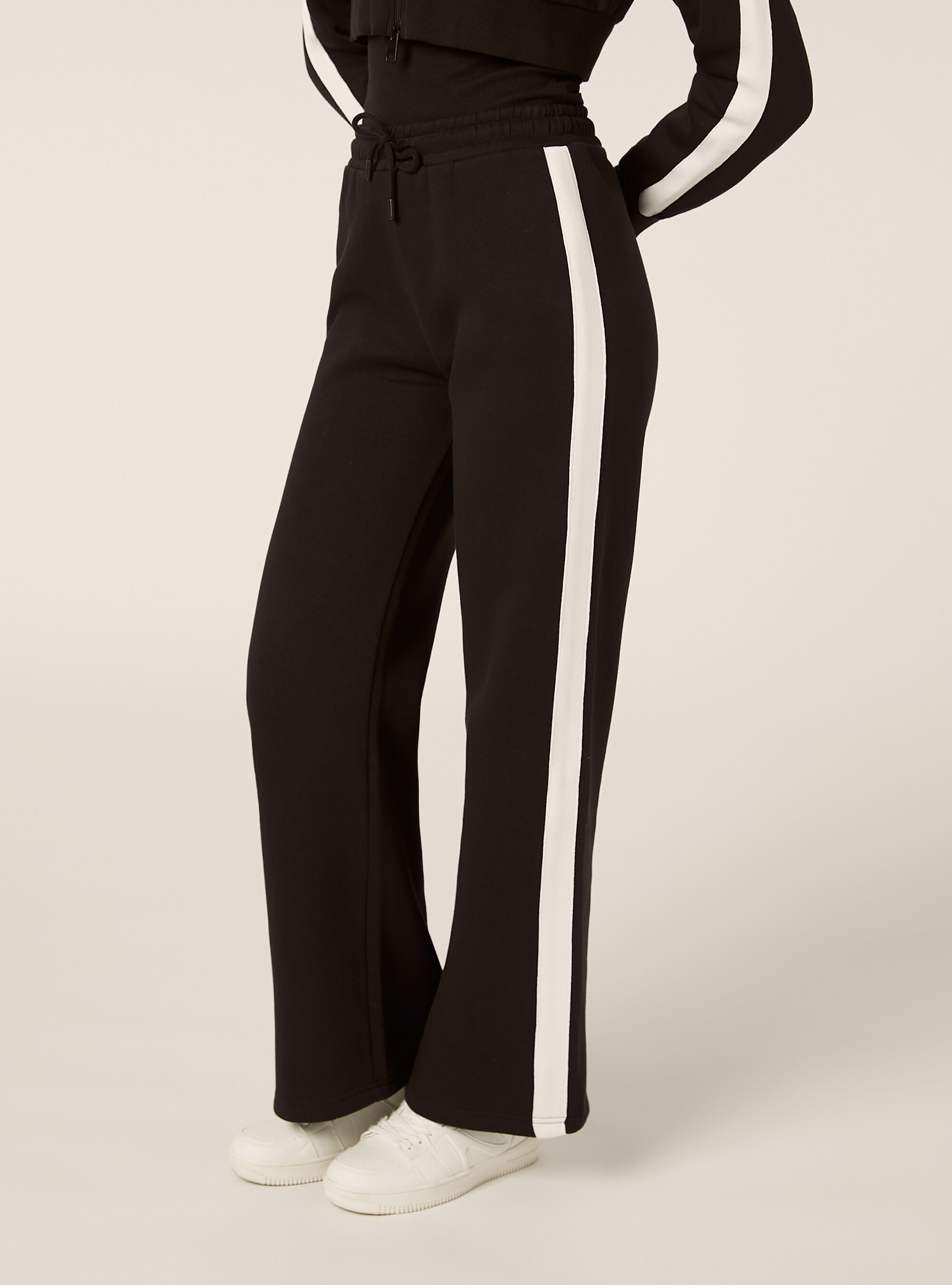 Pantaloni wide leg con bande laterali, BK1 BLACK