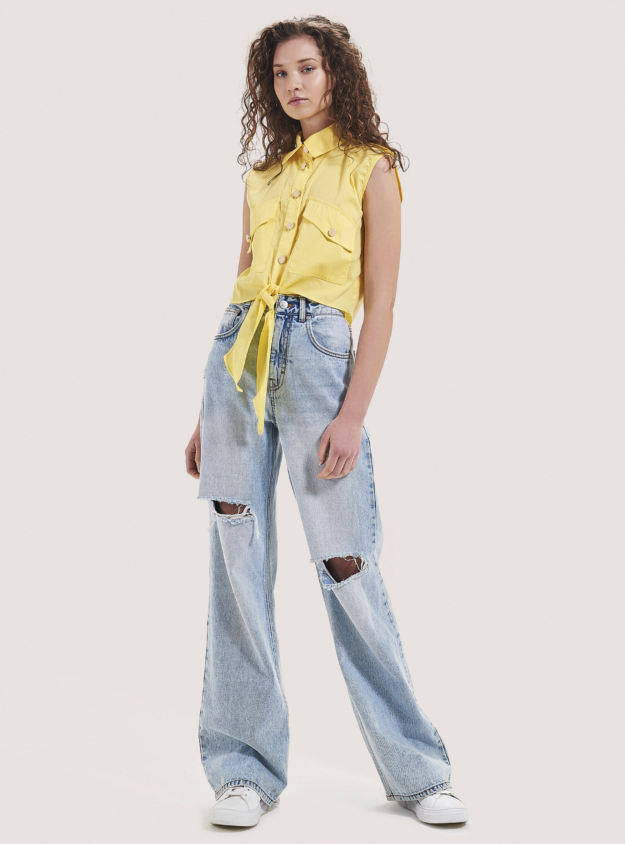 Camicia cropped smanicata con nodo, C785 YELLOW