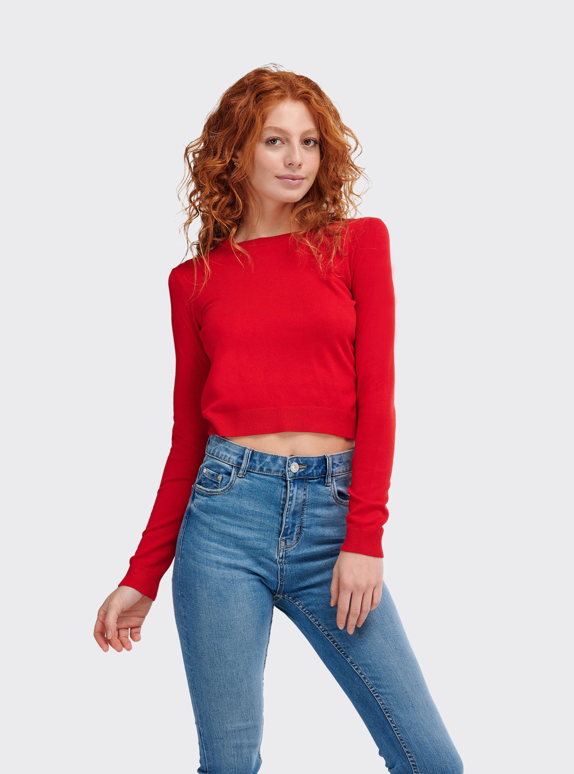 Cropped basic t-shirt with long sleeves, RED