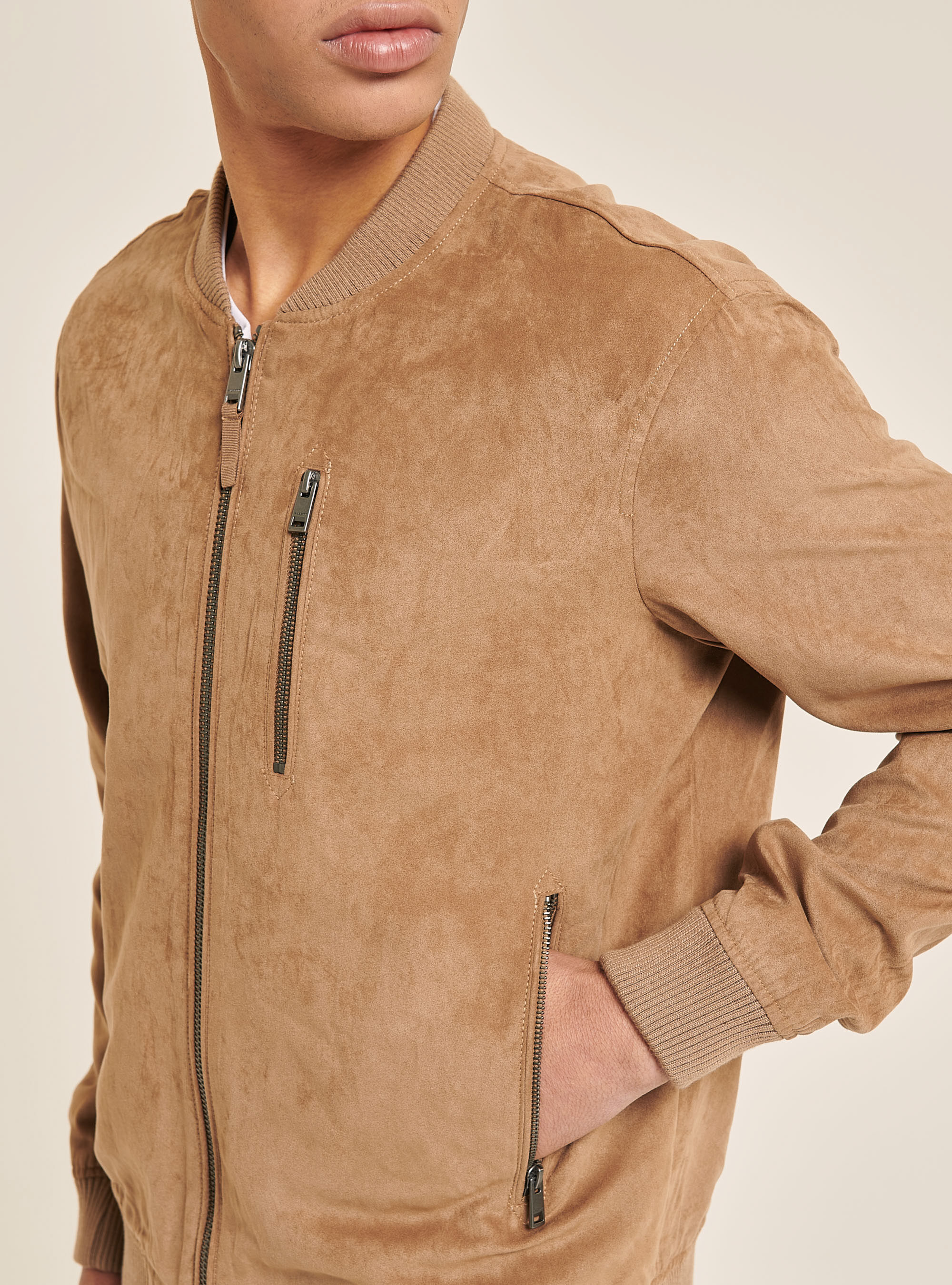 Suede effect bomber jacket, TOBACCO