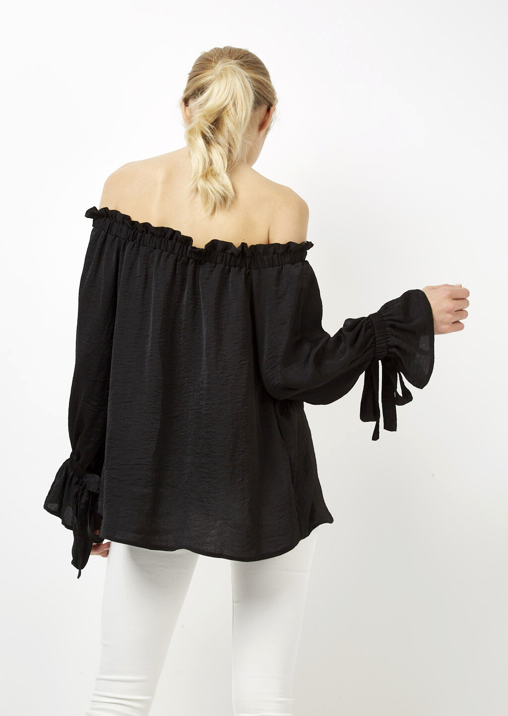 Blusa con scollo bardot, BLACK