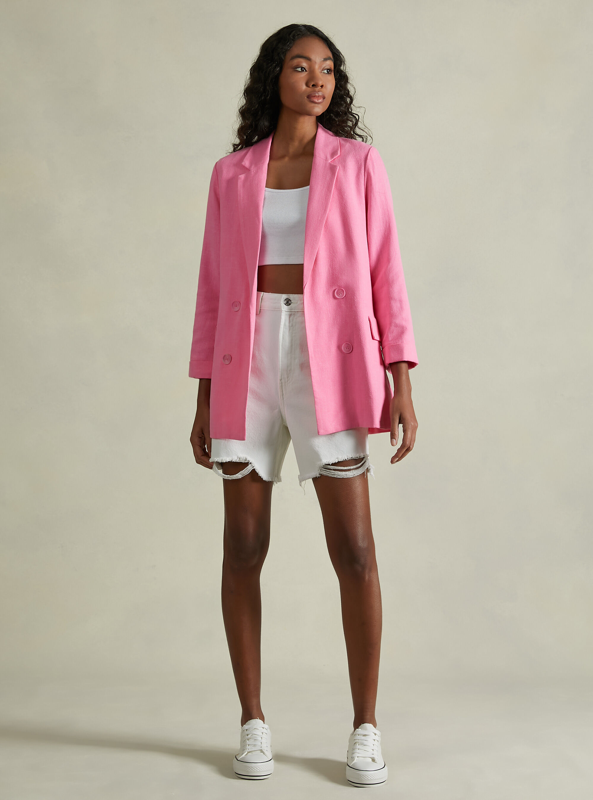 Blazer doppiopetto in misto lino, PK1 PINK DARK